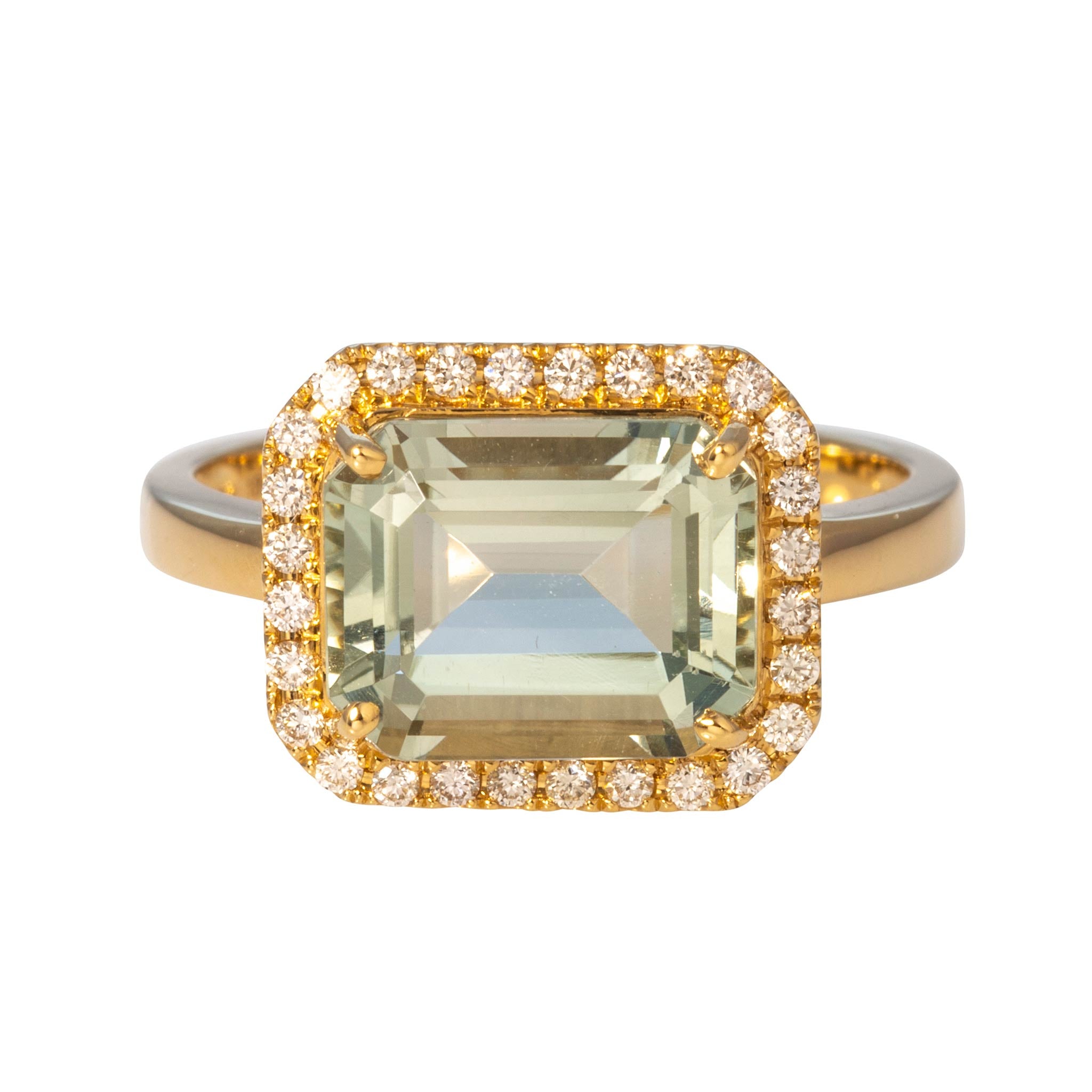 Emerald-Cut Green Amethyst & Pavé Diamond Halo 18K Gold Ring