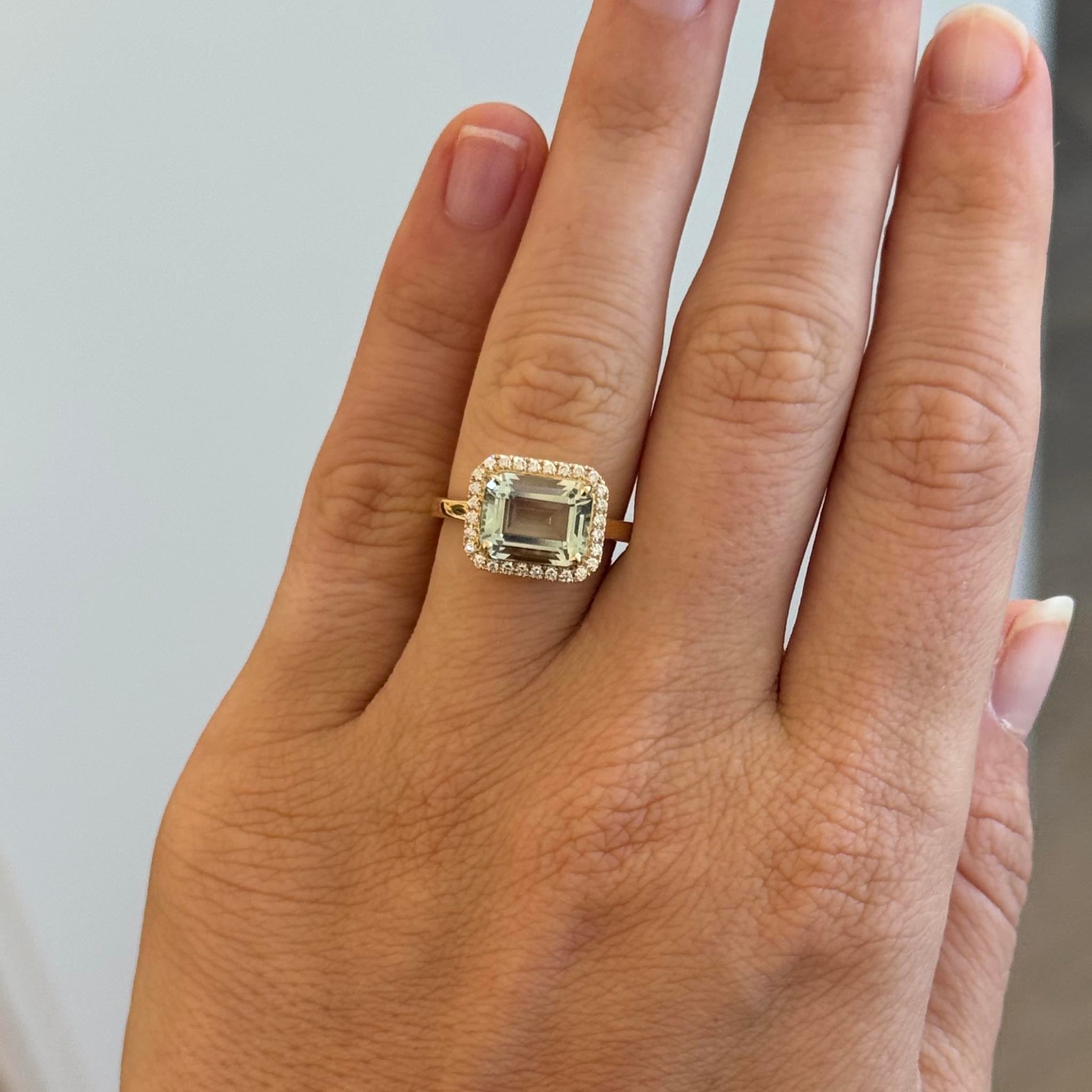 Emerald-Cut Green Amethyst & Pavé Diamond Halo 18K Gold Ring
