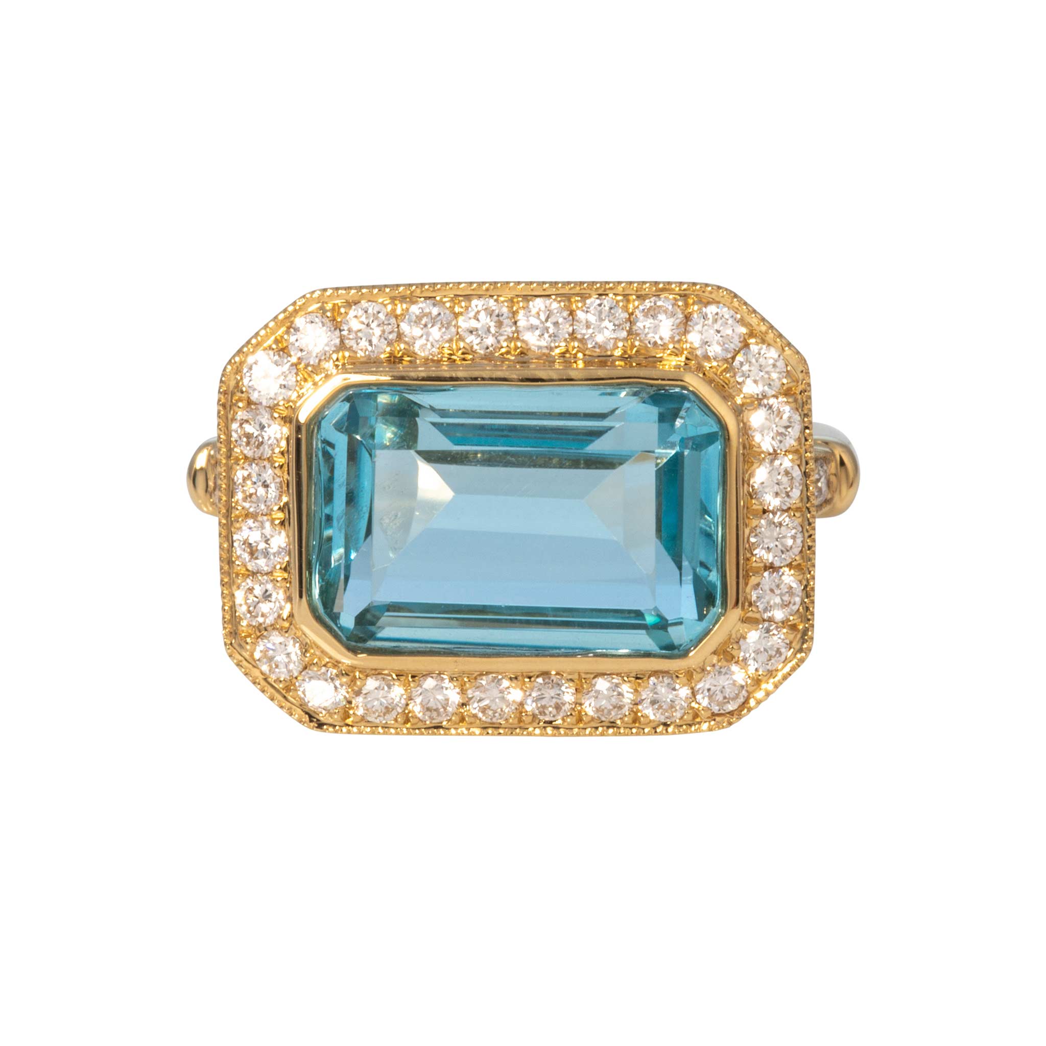 Emerald-Cut Blue Topaz & Diamond Milgrain 18K Yellow Gold Ring