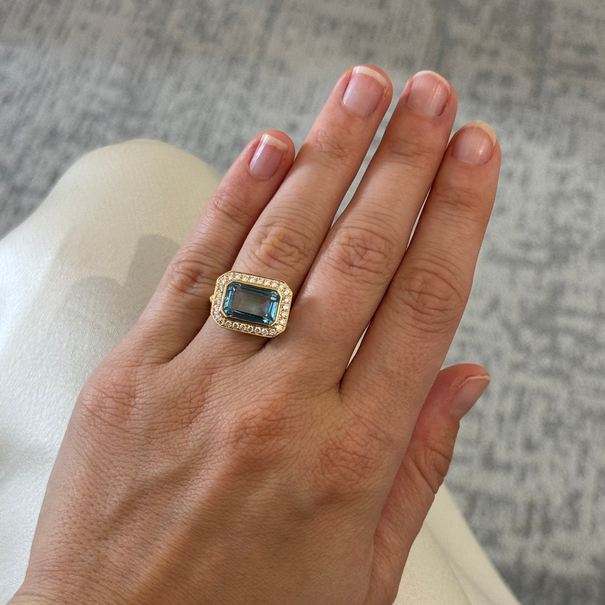 Emerald-Cut Blue Topaz & Diamond Milgrain 18K Yellow Gold Ring