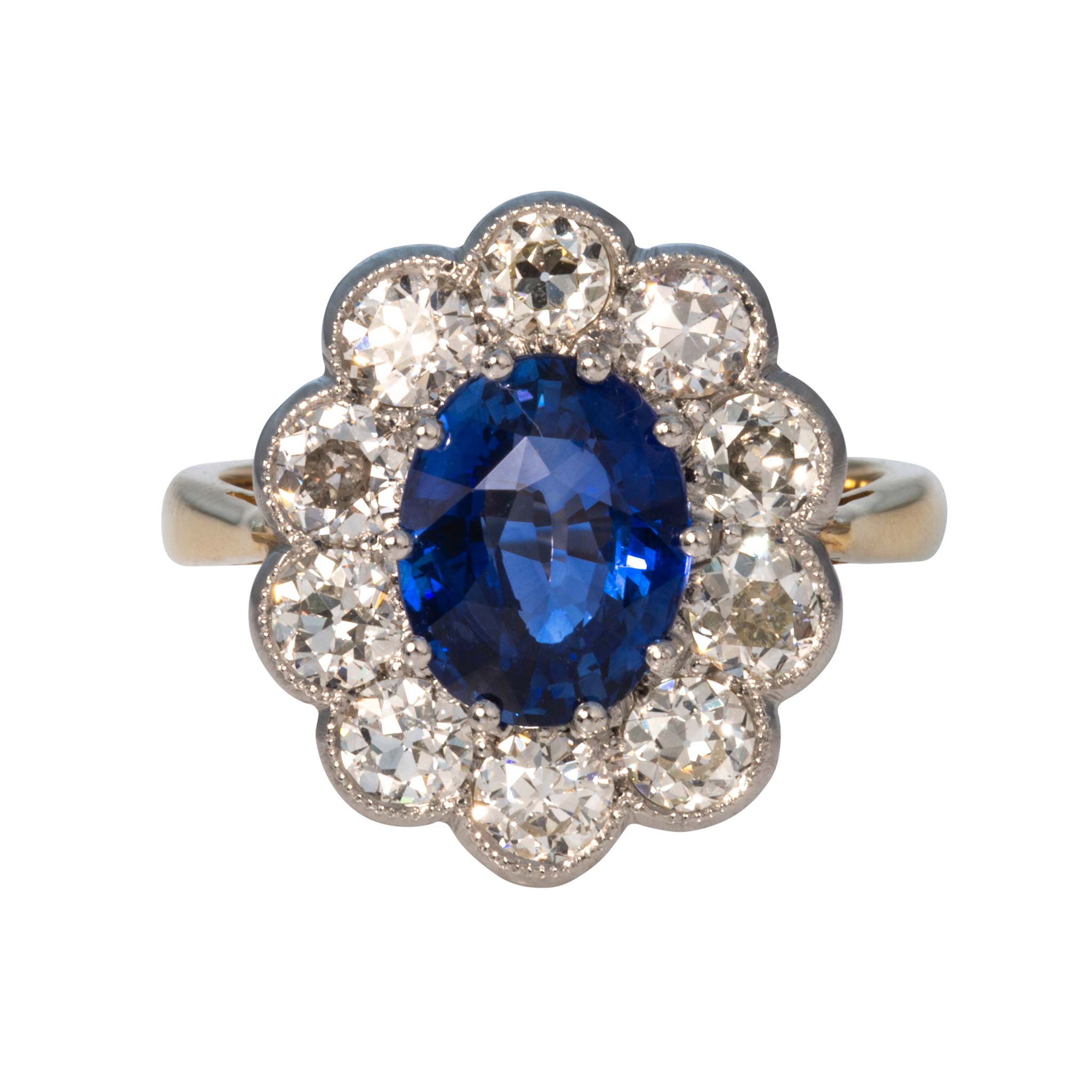 Victorian-Style Oval Sapphire & Diamond Scalloped Cluster Ring