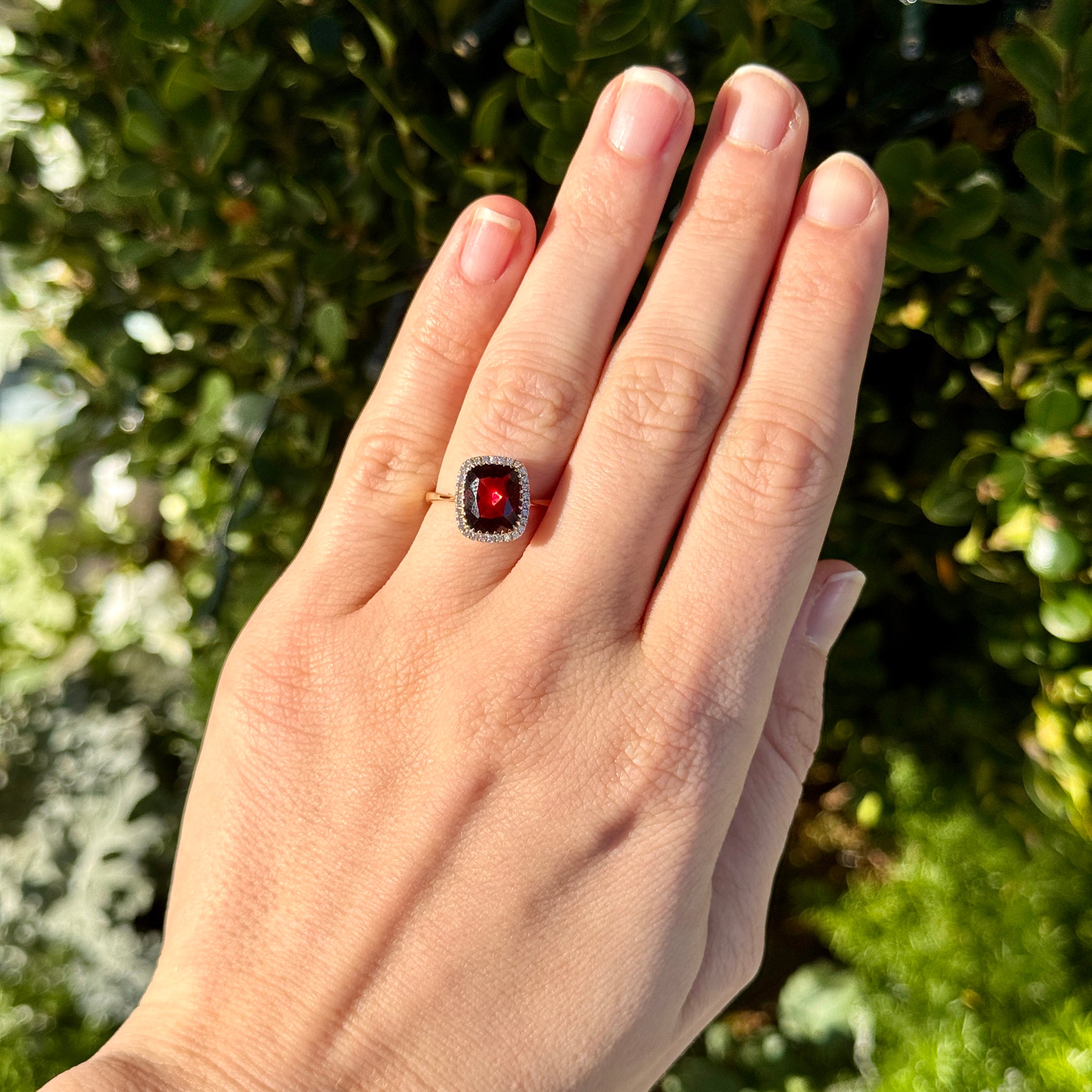 Rectangular Cushion Garnet & Diamond Halo 18K Yellow Gold Ring