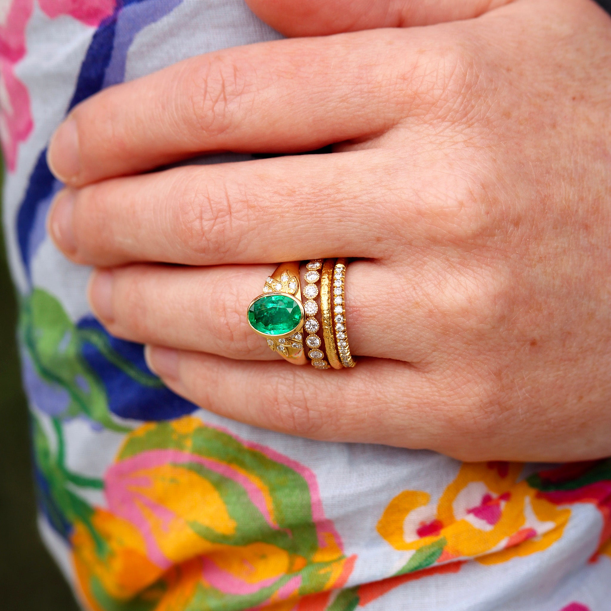 Single Stone Emerald Allison Ring, 18K Yellow Gold Small Gabby Band, 22K Yellow Gold 2mm Large Jane Band, Stevie Halfway Band