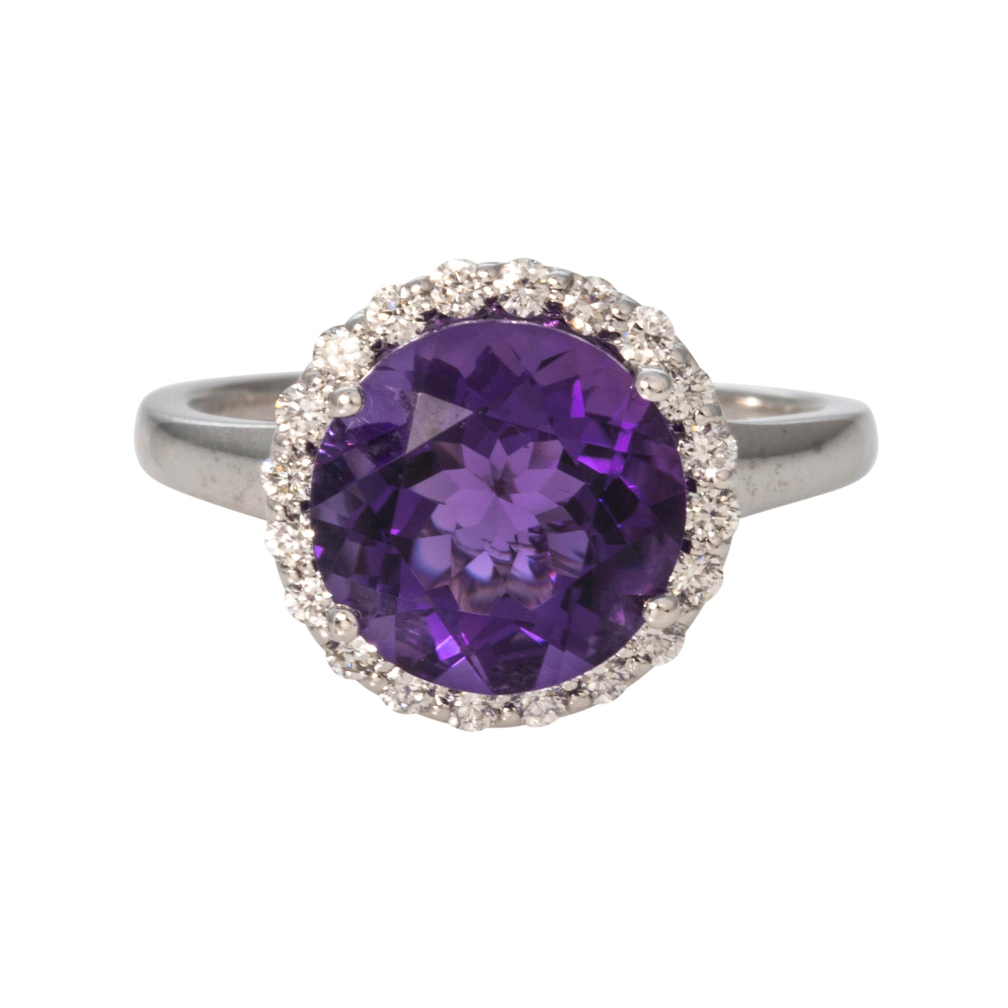 Round Amethyst & Diamond Halo 14K White Gold Ring