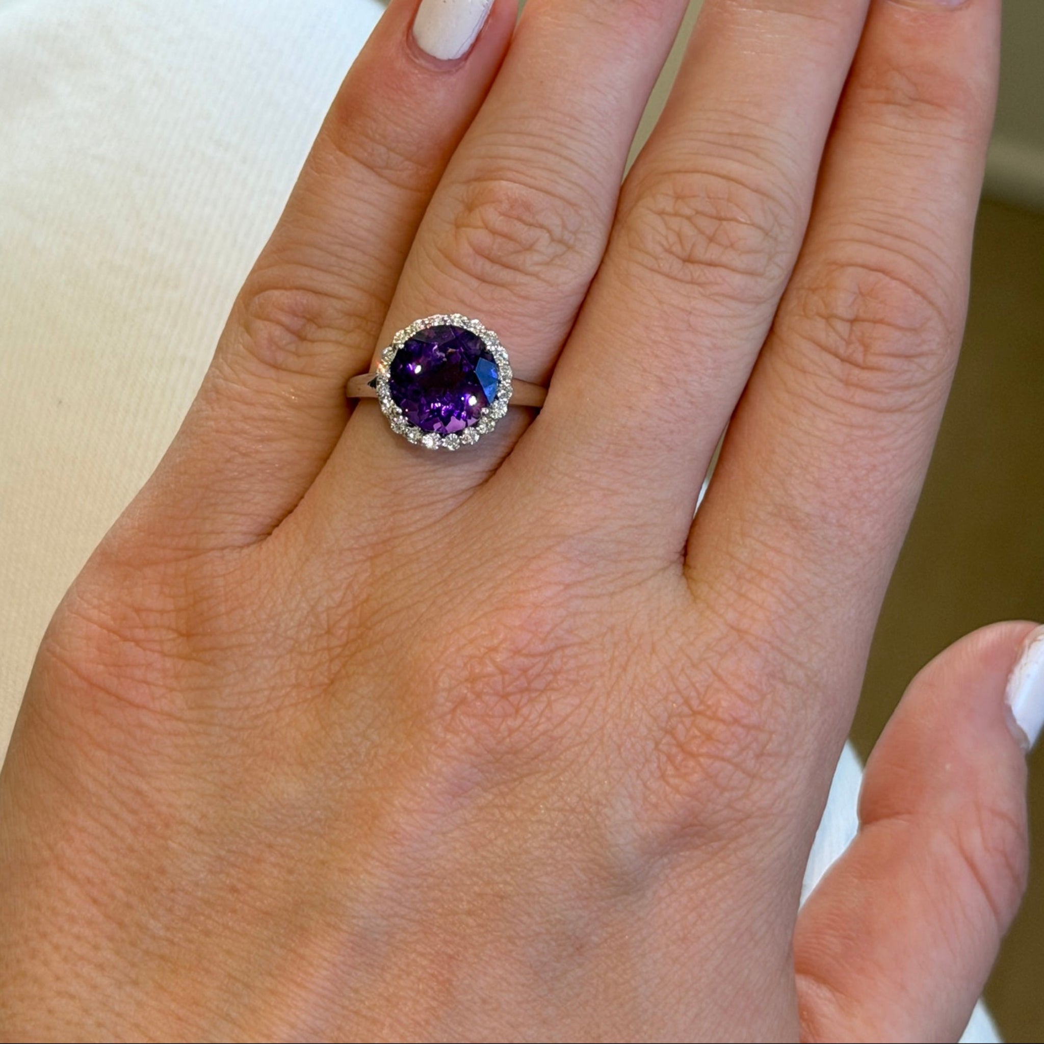 Round Amethyst & Diamond Halo 14K White Gold Ring