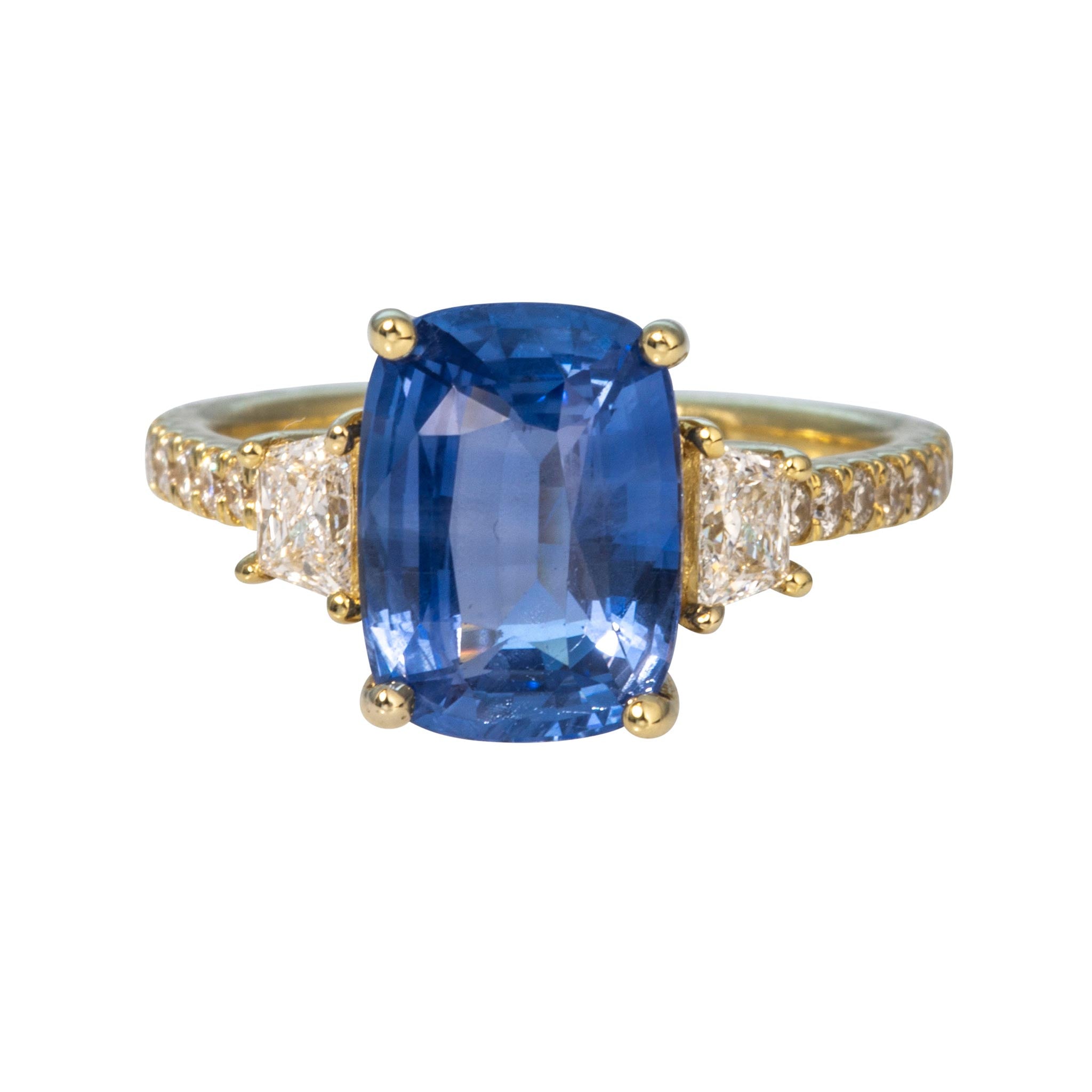 4ct Cushion Sapphire & Diamond 18K Yellow Gold Ring