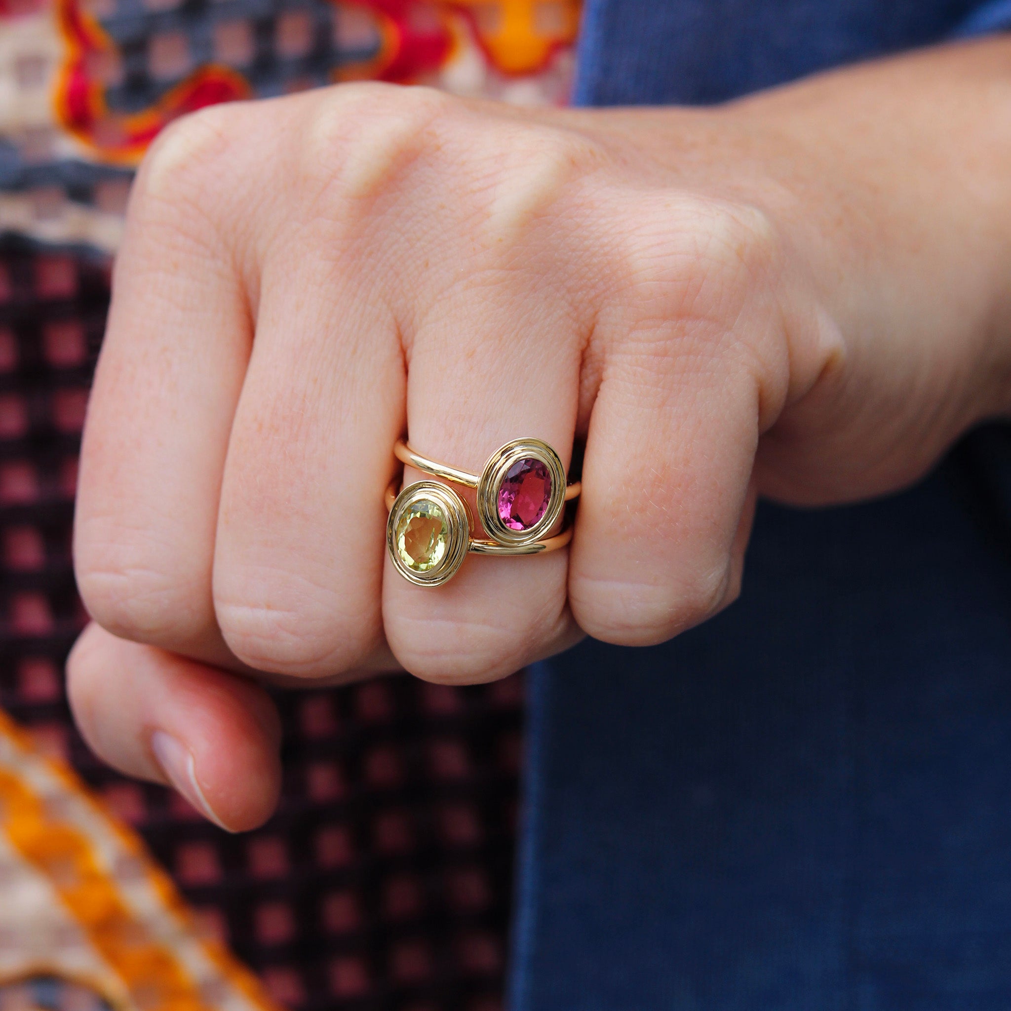 Pink Tourmaline 14K Yellow Gold Double Bezel Ring, Lemon Quartz 14K Yellow Gold Double Bezel Ring