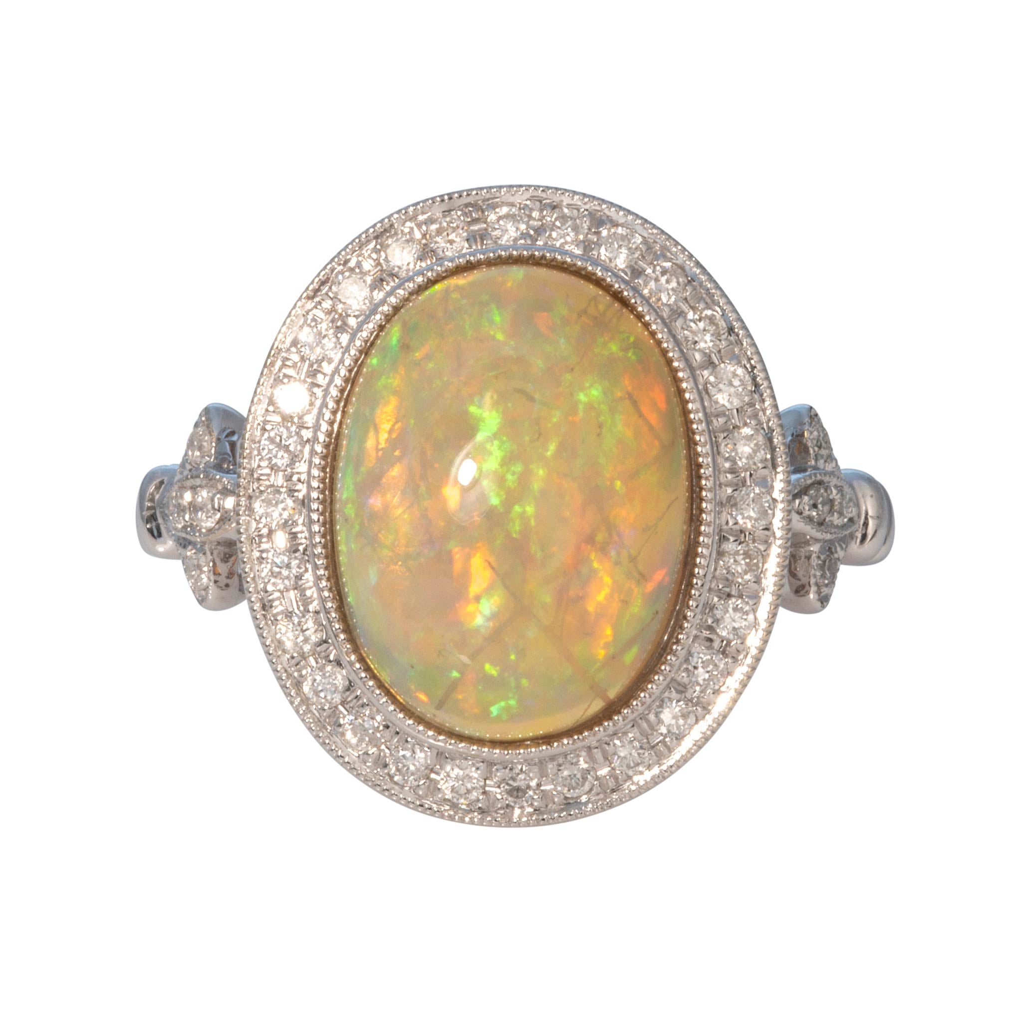 3.88ct Oval Opal & Diamond Halo 14K White Gold Ring