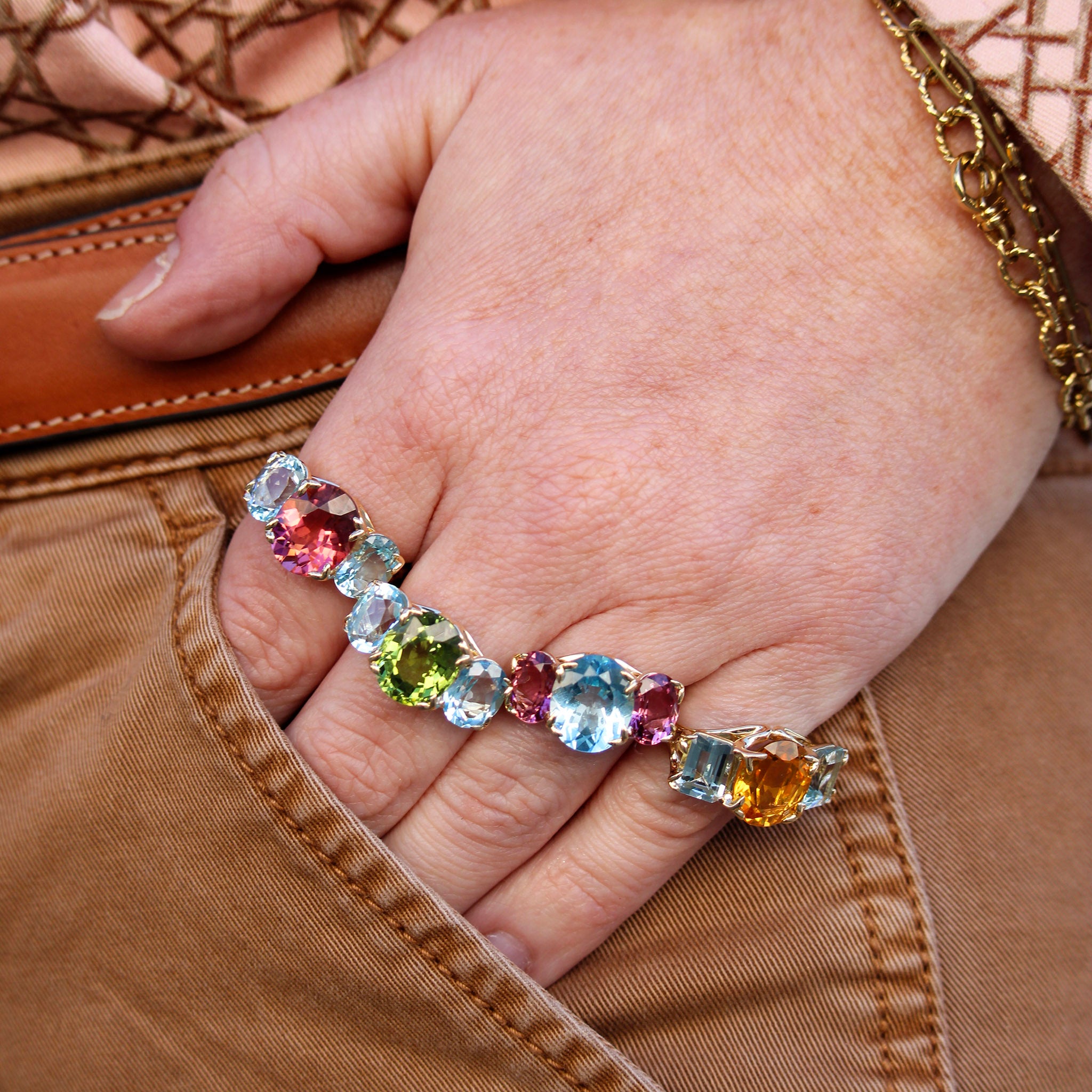 Green Tourmaline & Blue Topaz 14K Gold River Ring