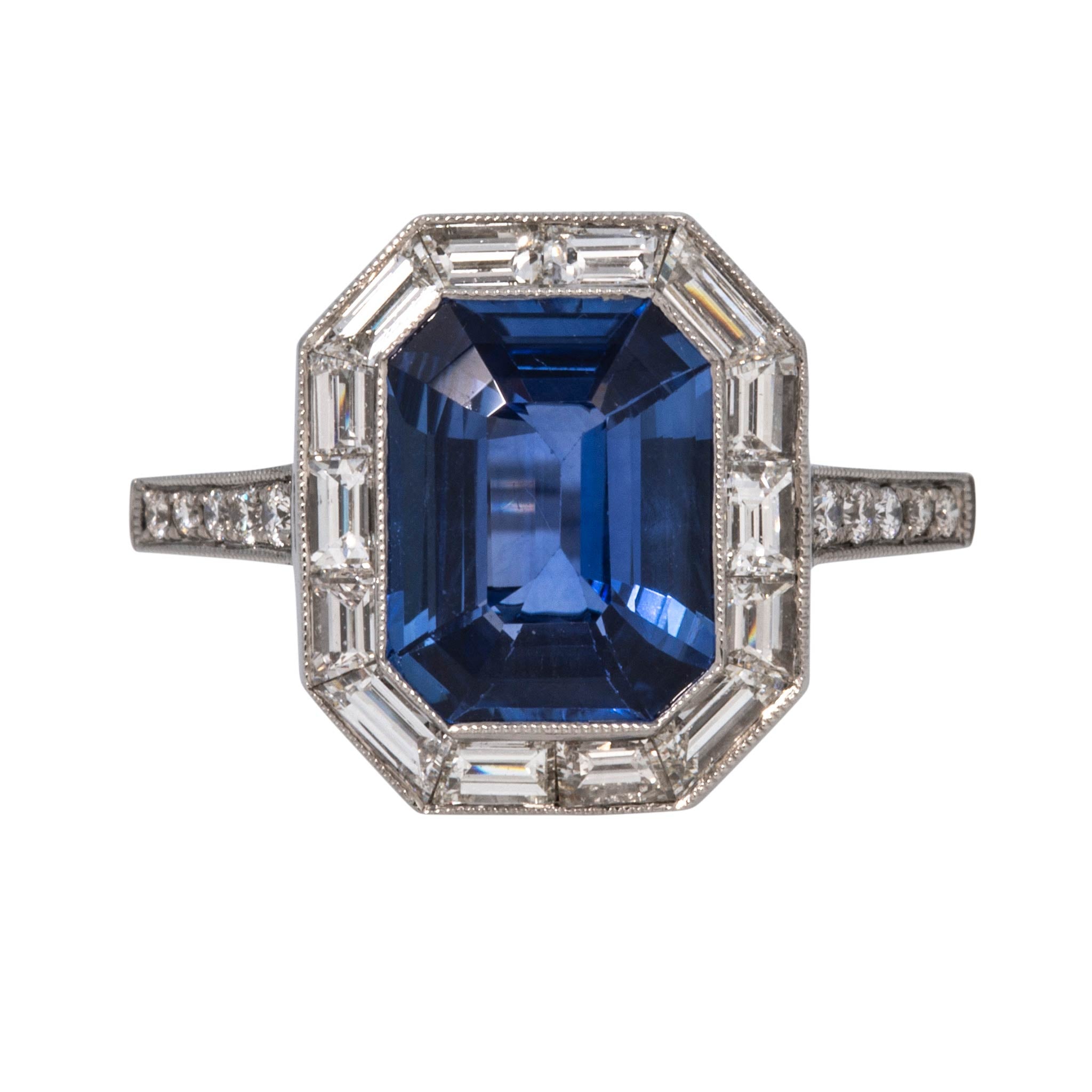 2ct Emerald-Cut Sapphire & Baguette Diamond Halo Platinum Ring