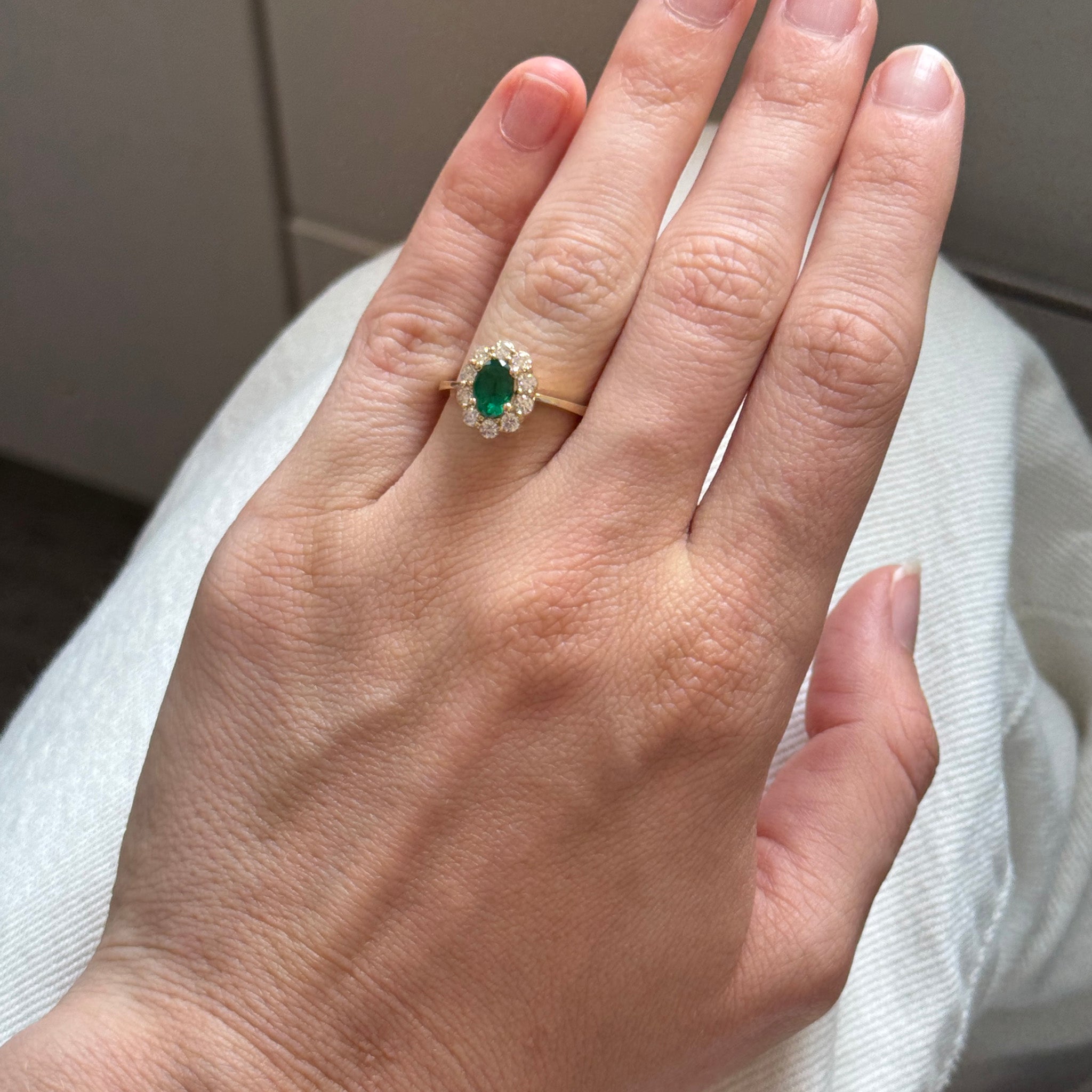 Oval Emerald & Diamond Cluster 14K Yellow Gold Ring