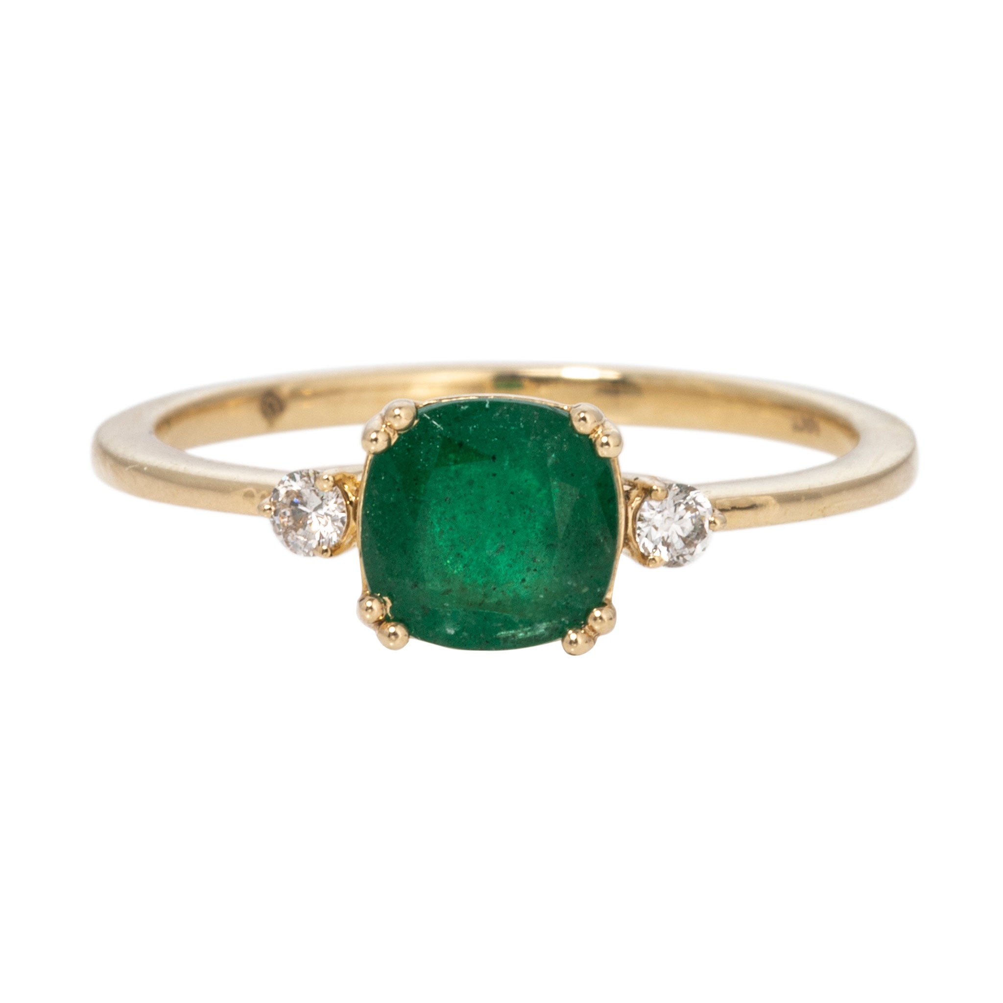 Cushion Emerald & Diamond Three-Stone 14K Yellow Gold Ring