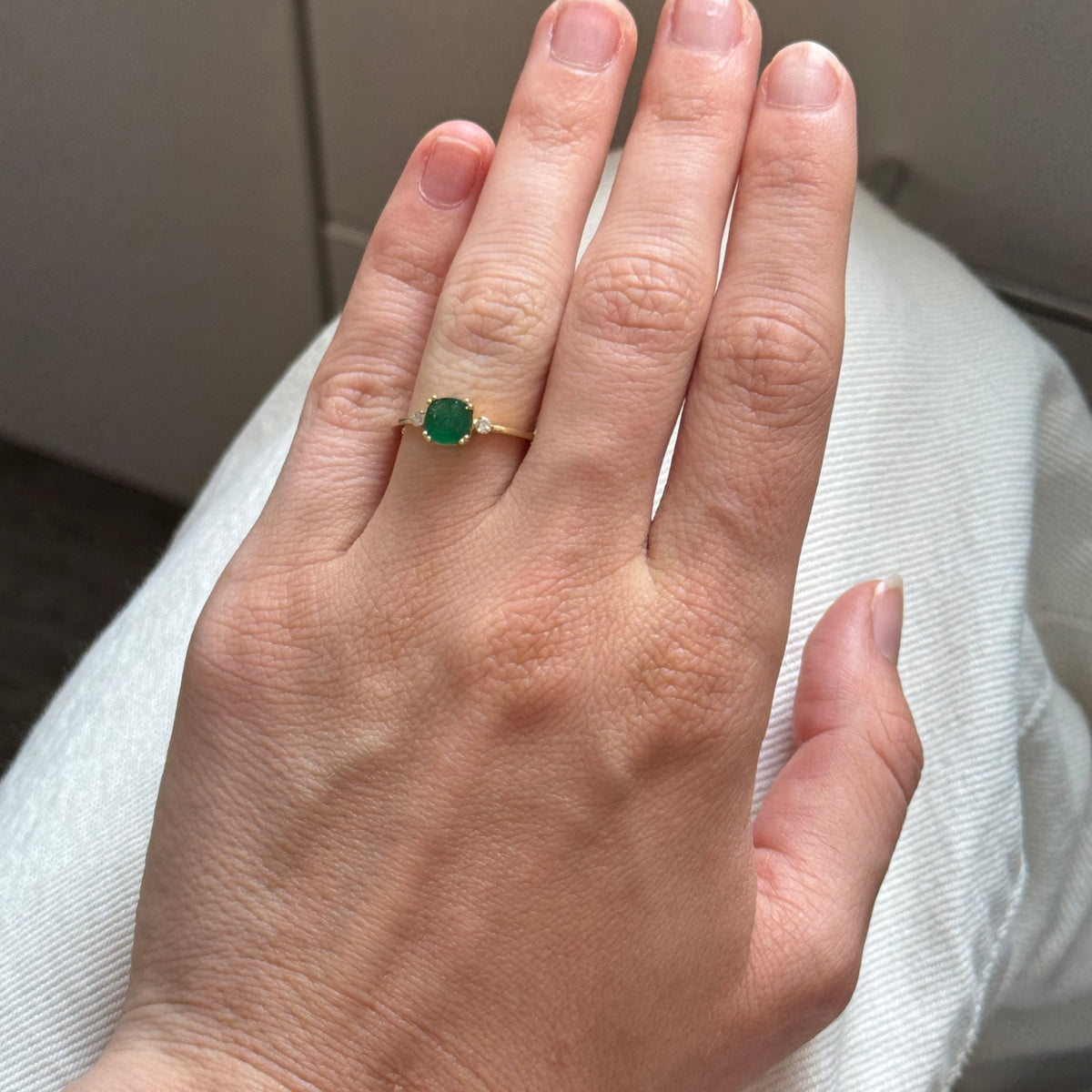 Cushion Emerald & Diamond Three-Stone 14K Yellow Gold Ring