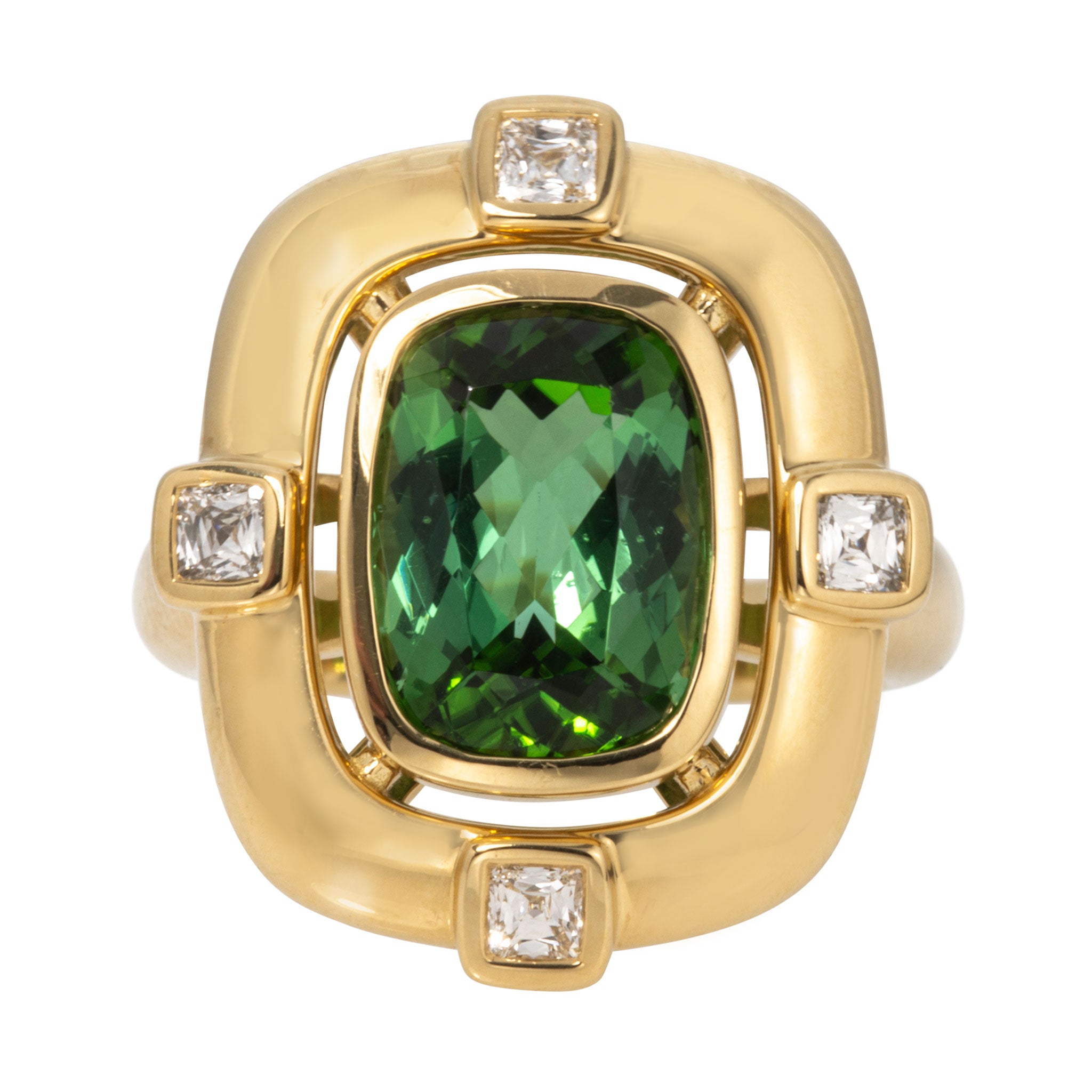 3.77ct Green Tourmaline & Princess Diamond Bezel Set 18K Gold Ring