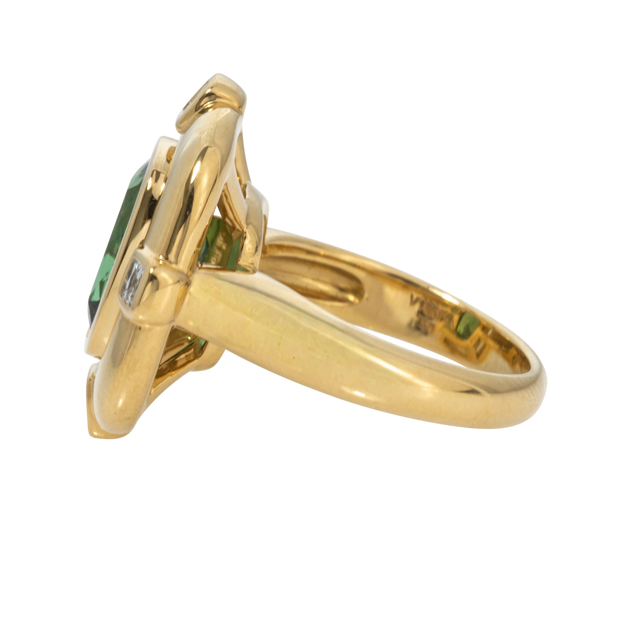 3.77ct Green Tourmaline & Princess Diamond Bezel Set 18K Gold Ring