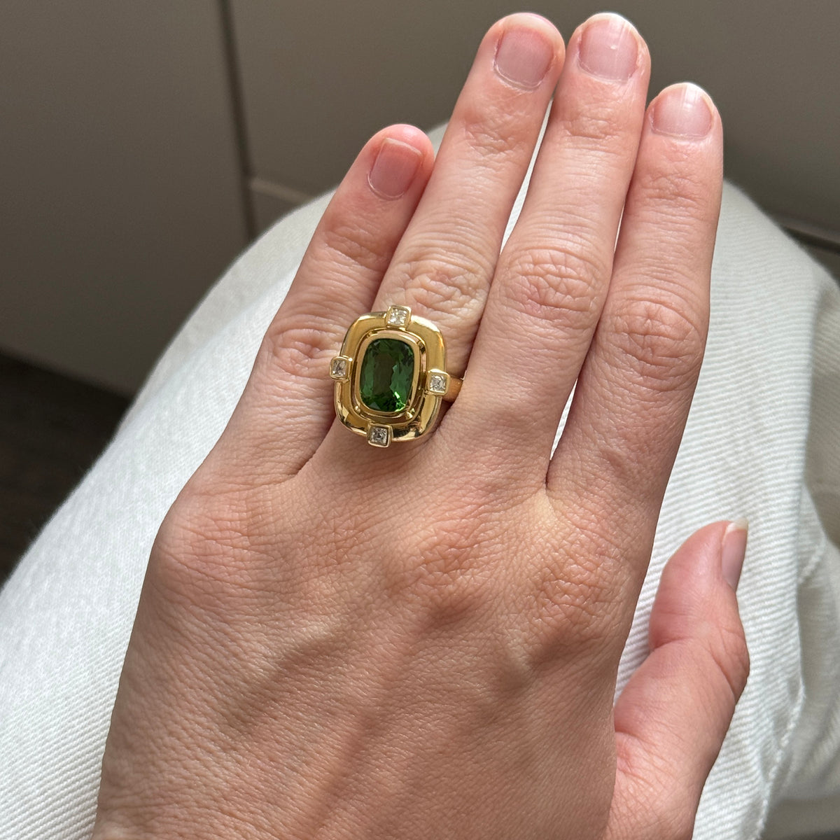 3.77ct Green Tourmaline & Princess Diamond Bezel Set 18K Gold Ring