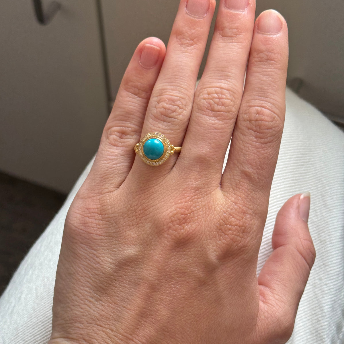 Turquoise Cabochon & Diamond Halo 14K Yellow Gold Ring