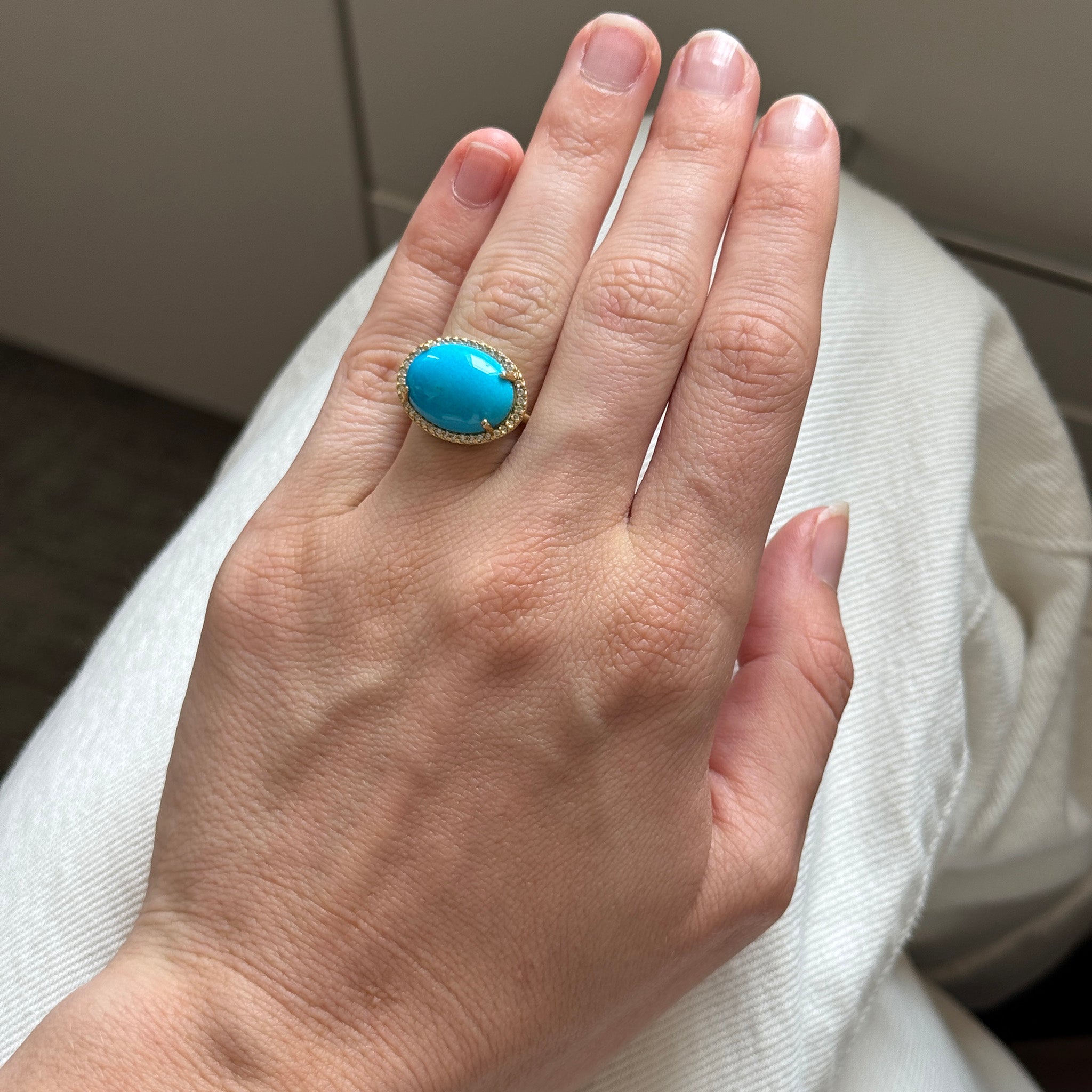 Turquoise Cabochon & Diamond Pavé 14K Yellow Gold Ring