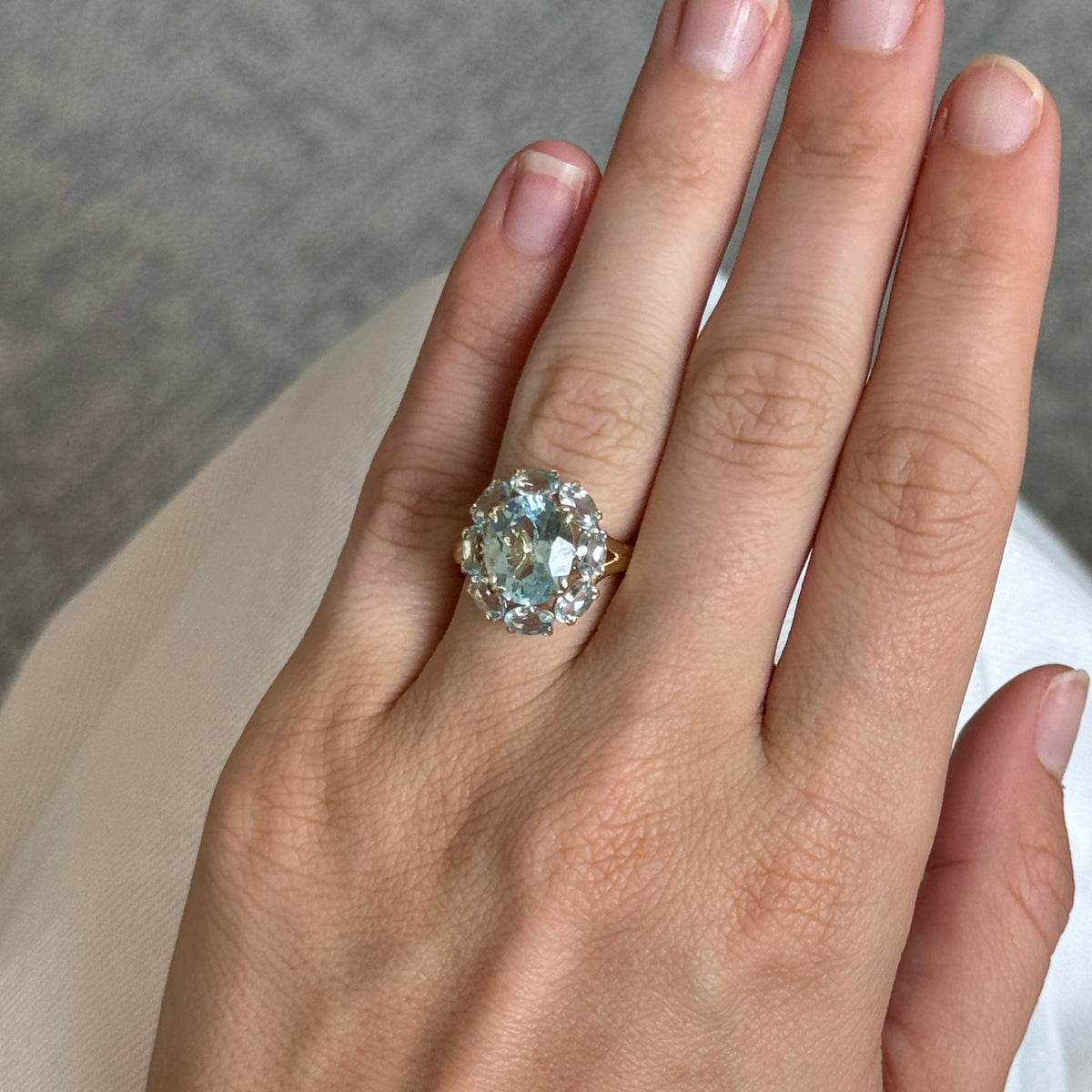 Oval Aquamarine Cluster 14K Gold River Ring