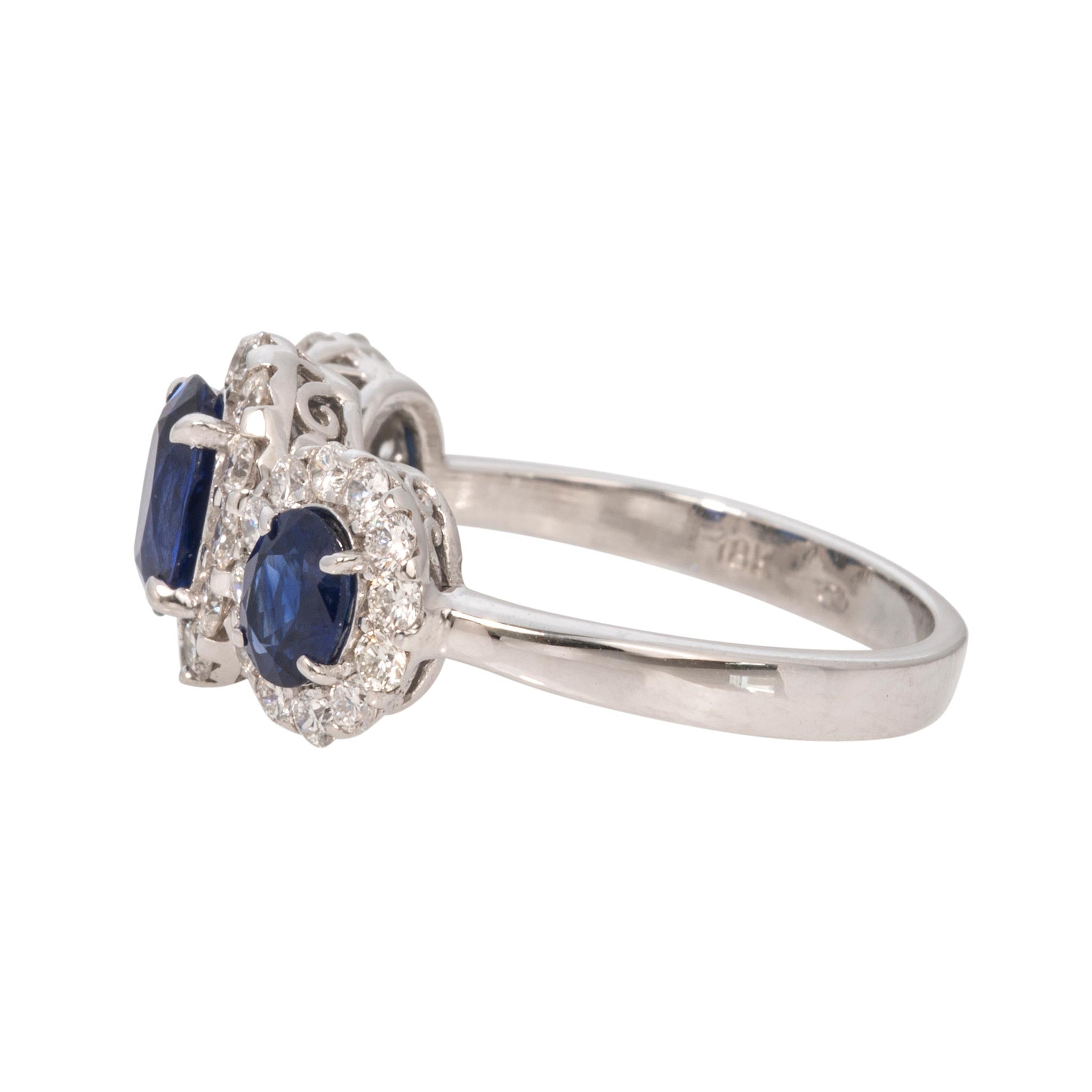 Oval Sapphire Three-Stone & Diamond Halo 18K White Gold Ring