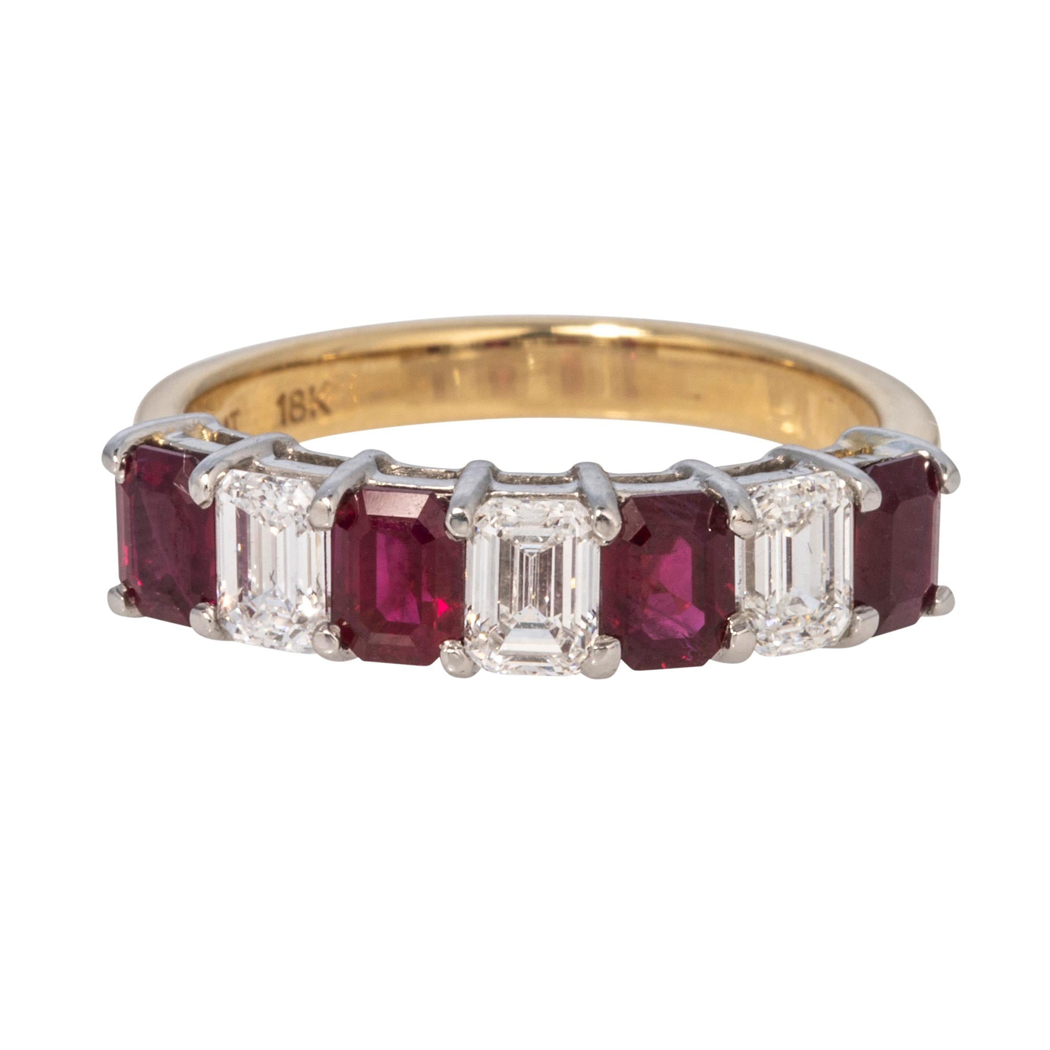 Emerald-Cut Ruby & Diamond 7-Stone Platinum 18K Gold Band