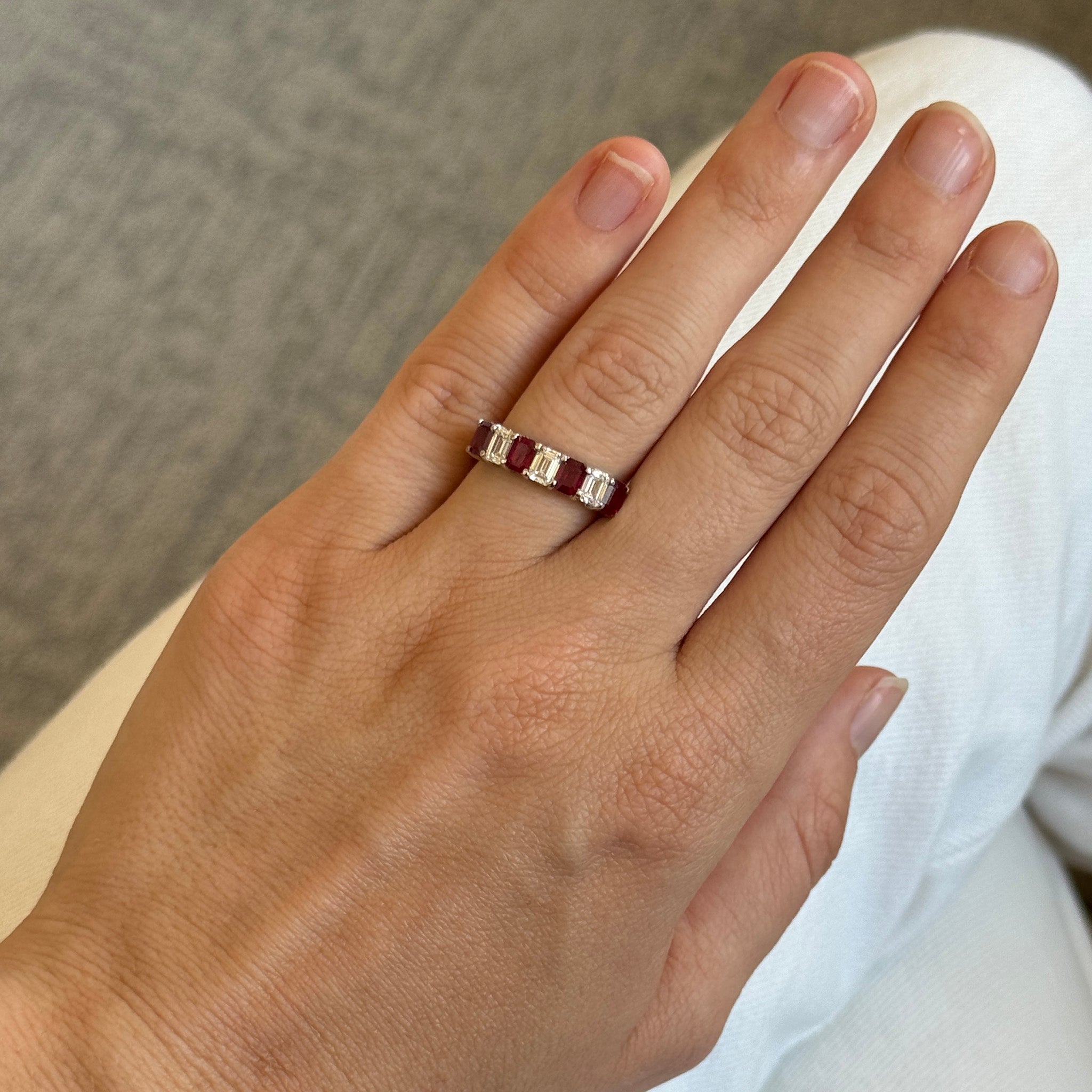 Emerald-Cut Ruby & Diamond 7-Stone Platinum 18K Gold Band