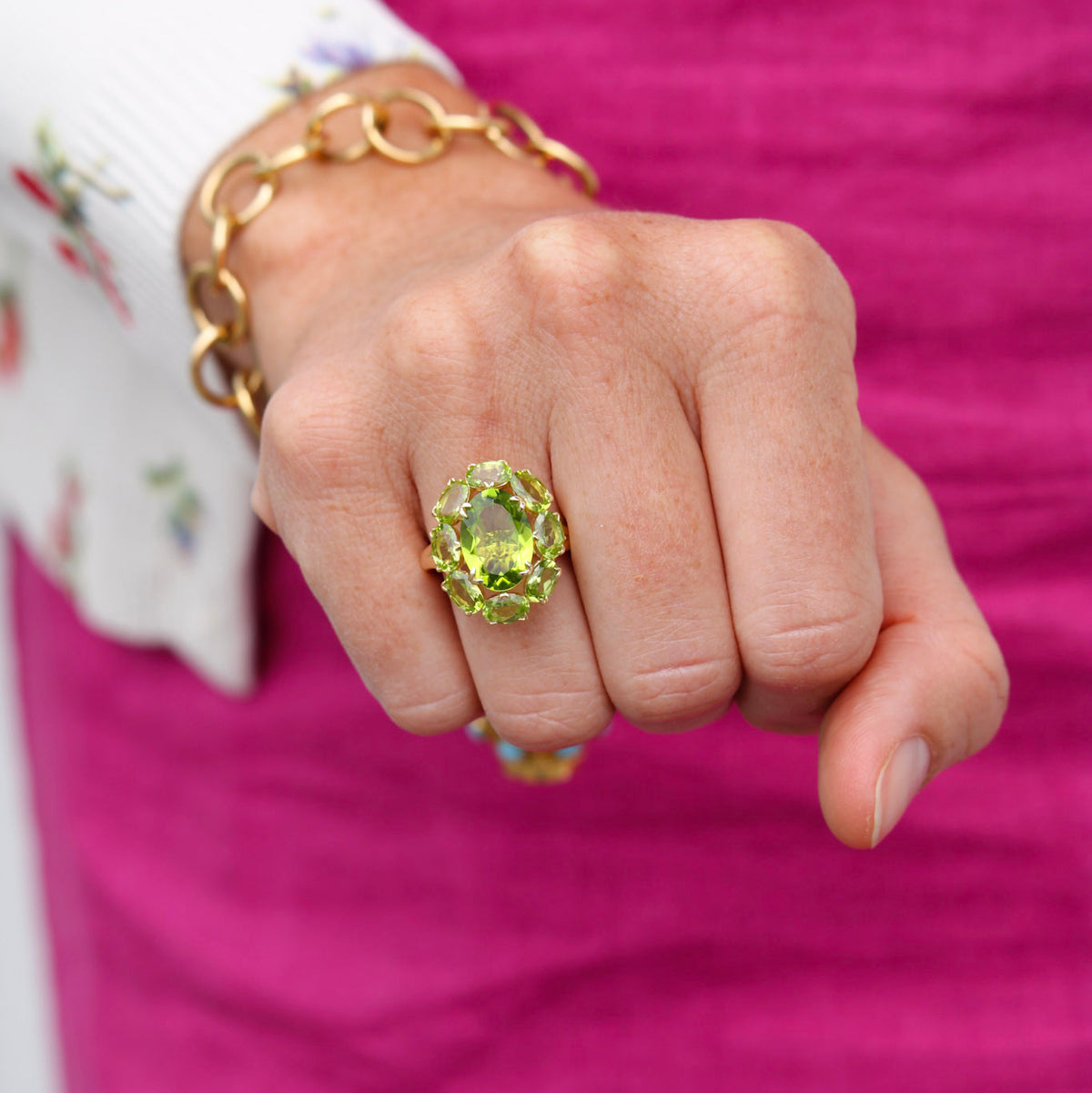 Oval Peridot Cluster 14K Gold River Ring