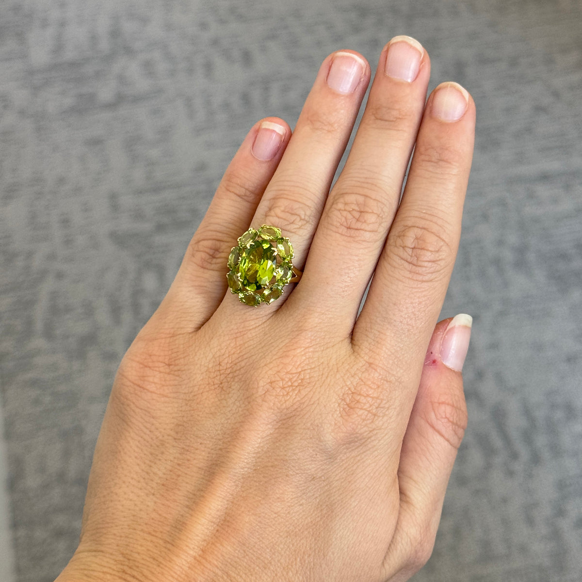 Oval Peridot 14K Gold Large Cluster River Ring