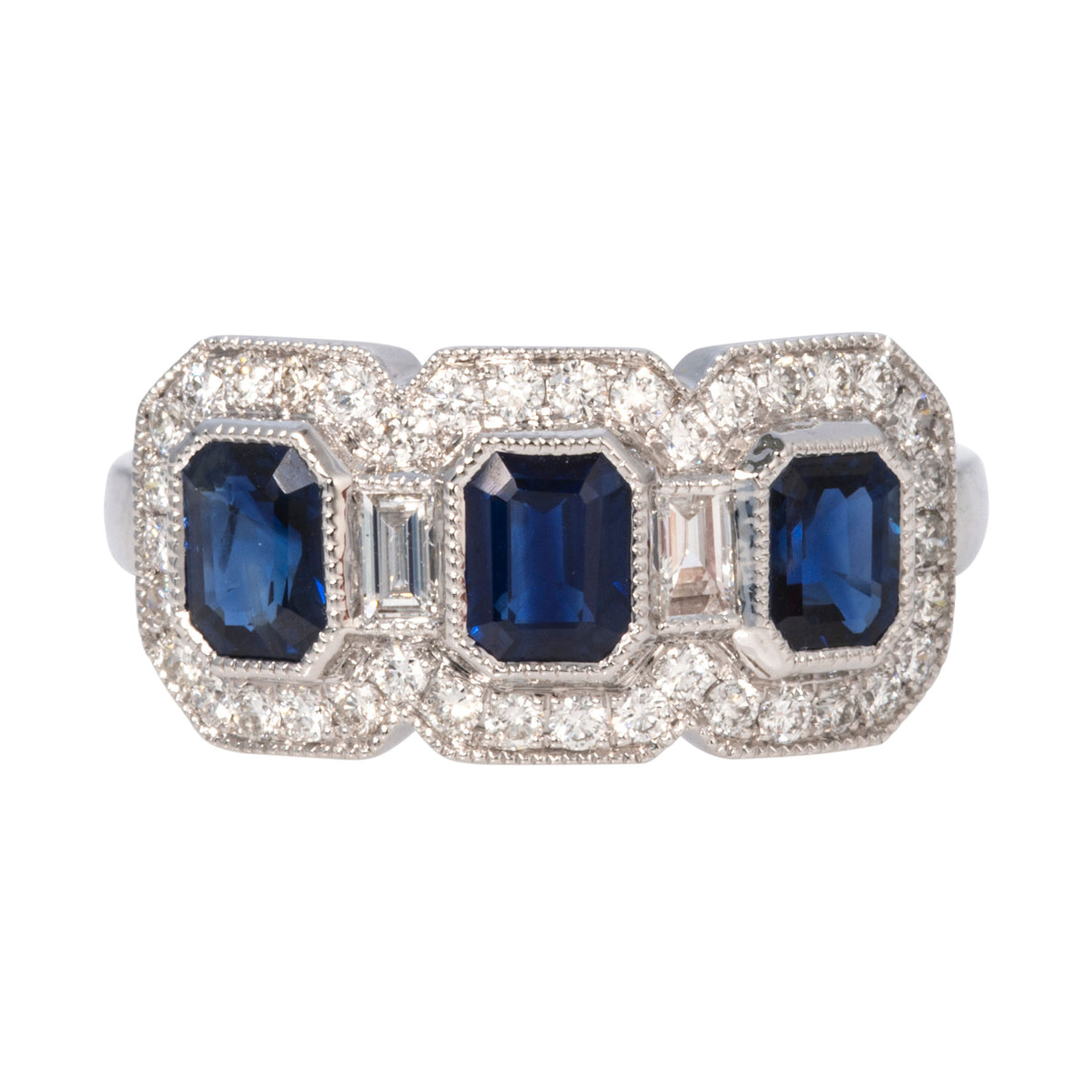 Art Deco Style Sapphire Three-Stone & Diamond 14K White Gold Ring