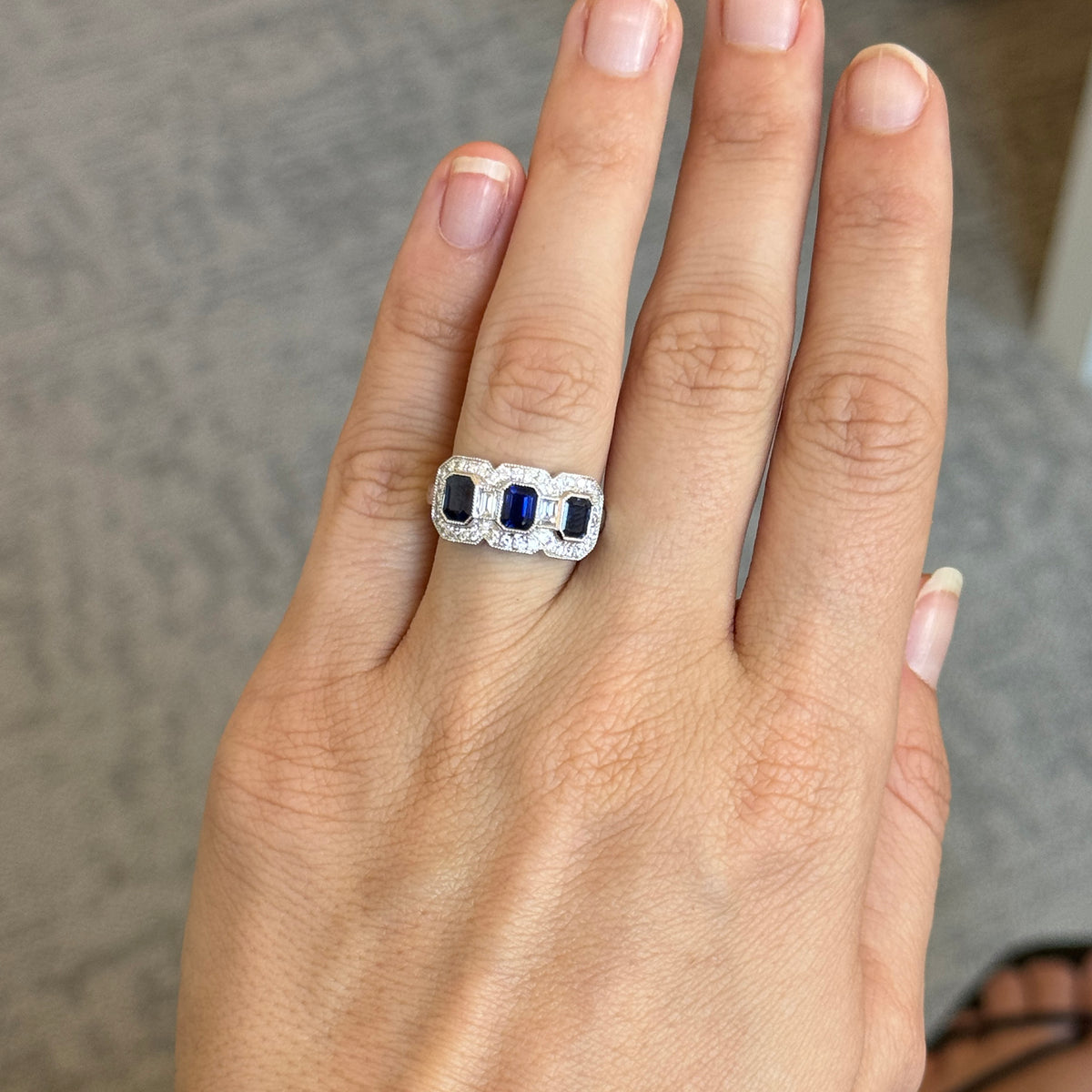 Art Deco Style Sapphire Three-Stone & Diamond 14K White Gold Ring