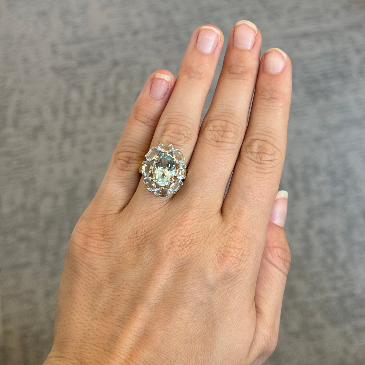 Oval Aquamarine 14K Gold Large Cluster River Ring