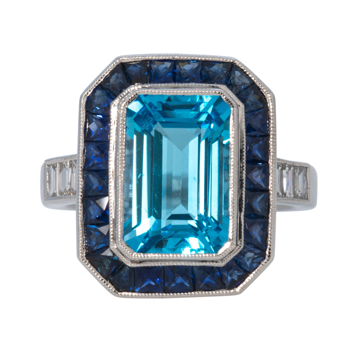 Emerald-Cut Blue Topaz, Sapphire & Diamond 14K White Gold Ring