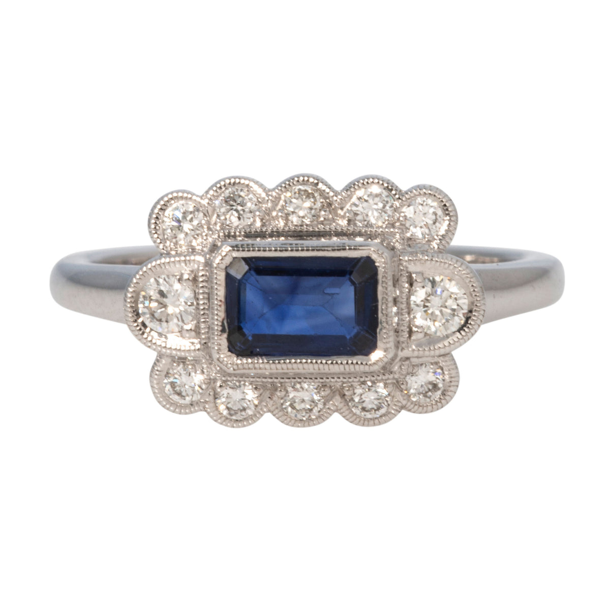 Emerald-Cut Sapphire & Round Diamond 14K White Gold Ring