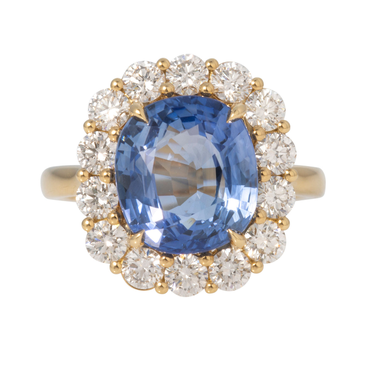 5.6ct Cushion Sapphire & Diamond Halo 18K Yellow Gold Ring