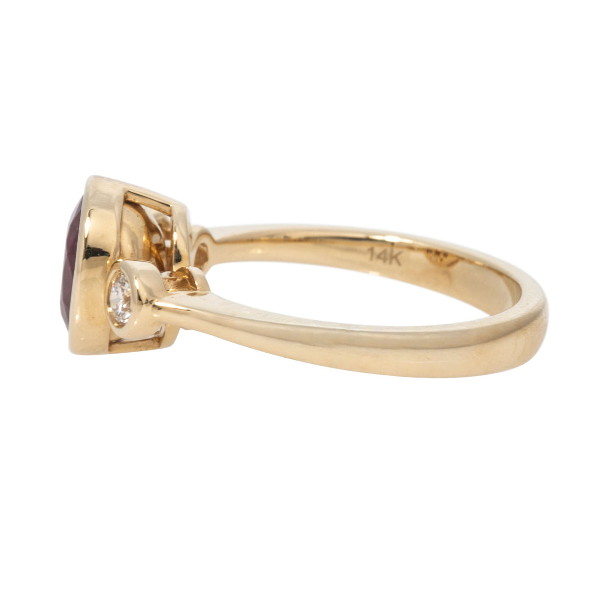 Oval Ruby & Round Diamond Three-Stone Bezel 14K Gold Ring