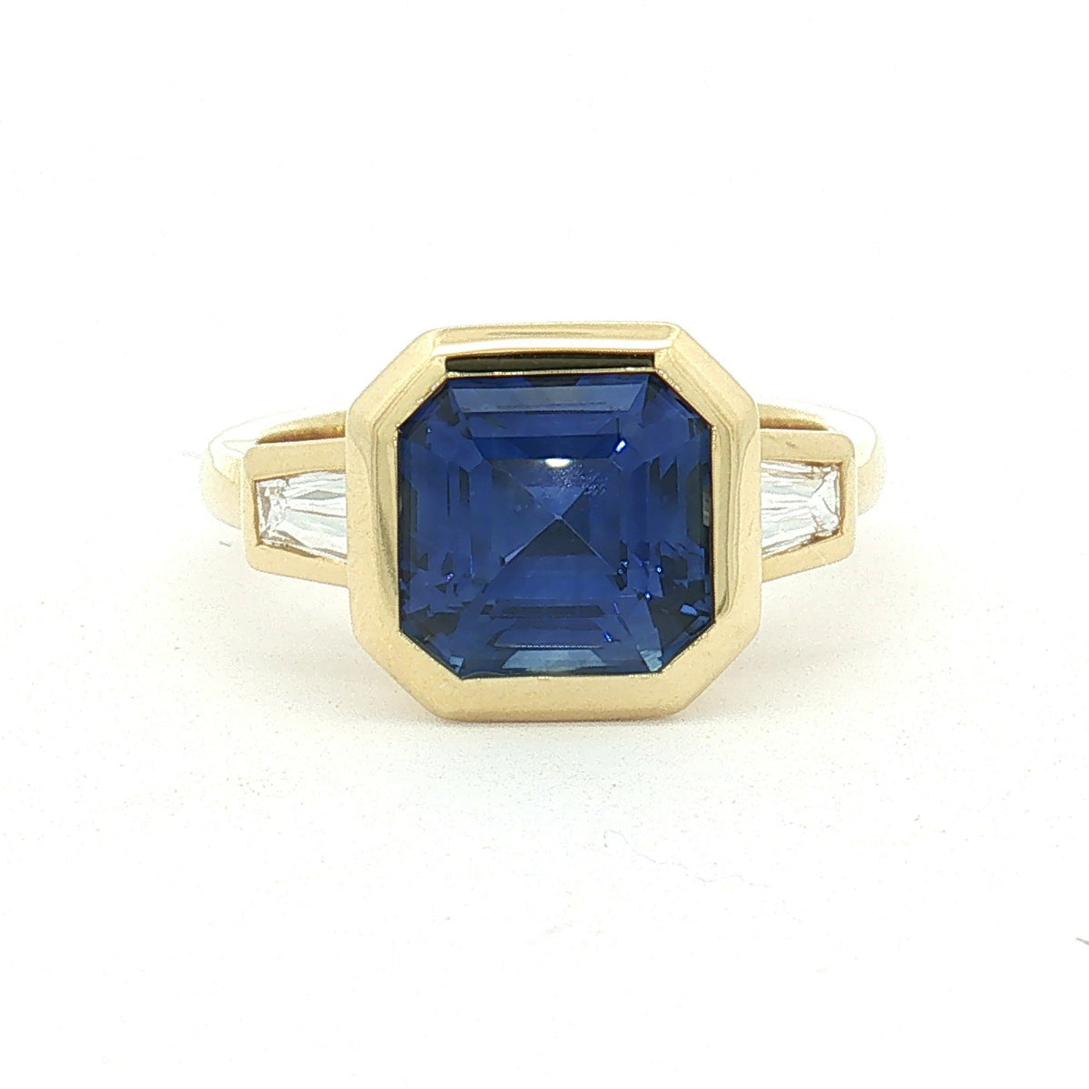 3.99ct Sapphire & Diamond Bezel Set Three-Stone 18K Gold Ring
