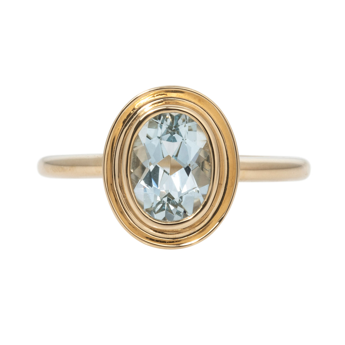 Aquamarine 14K Yellow Gold Double Bezel Ring on a white background.