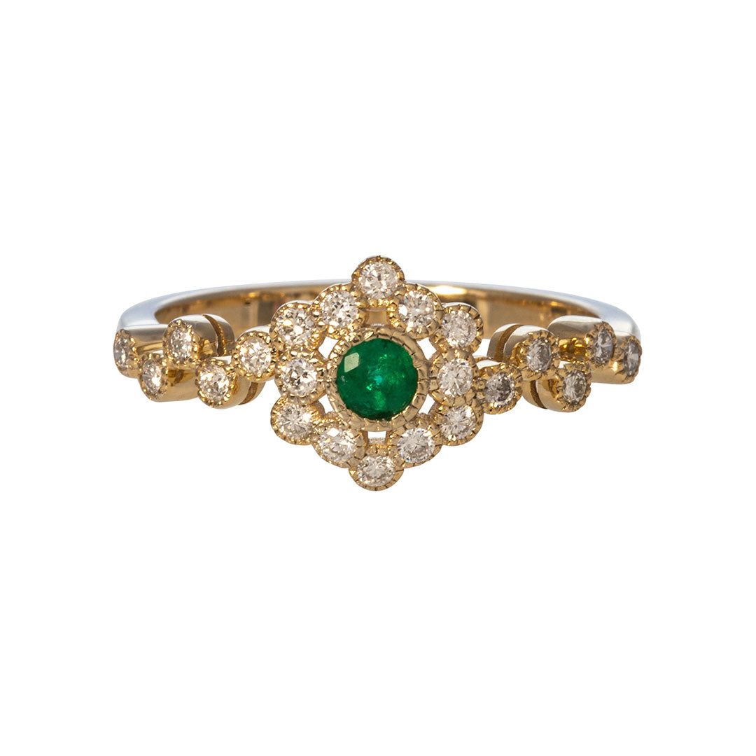 Round Emerald & Diamond Bezel Set 14K Yellow Gold Ring