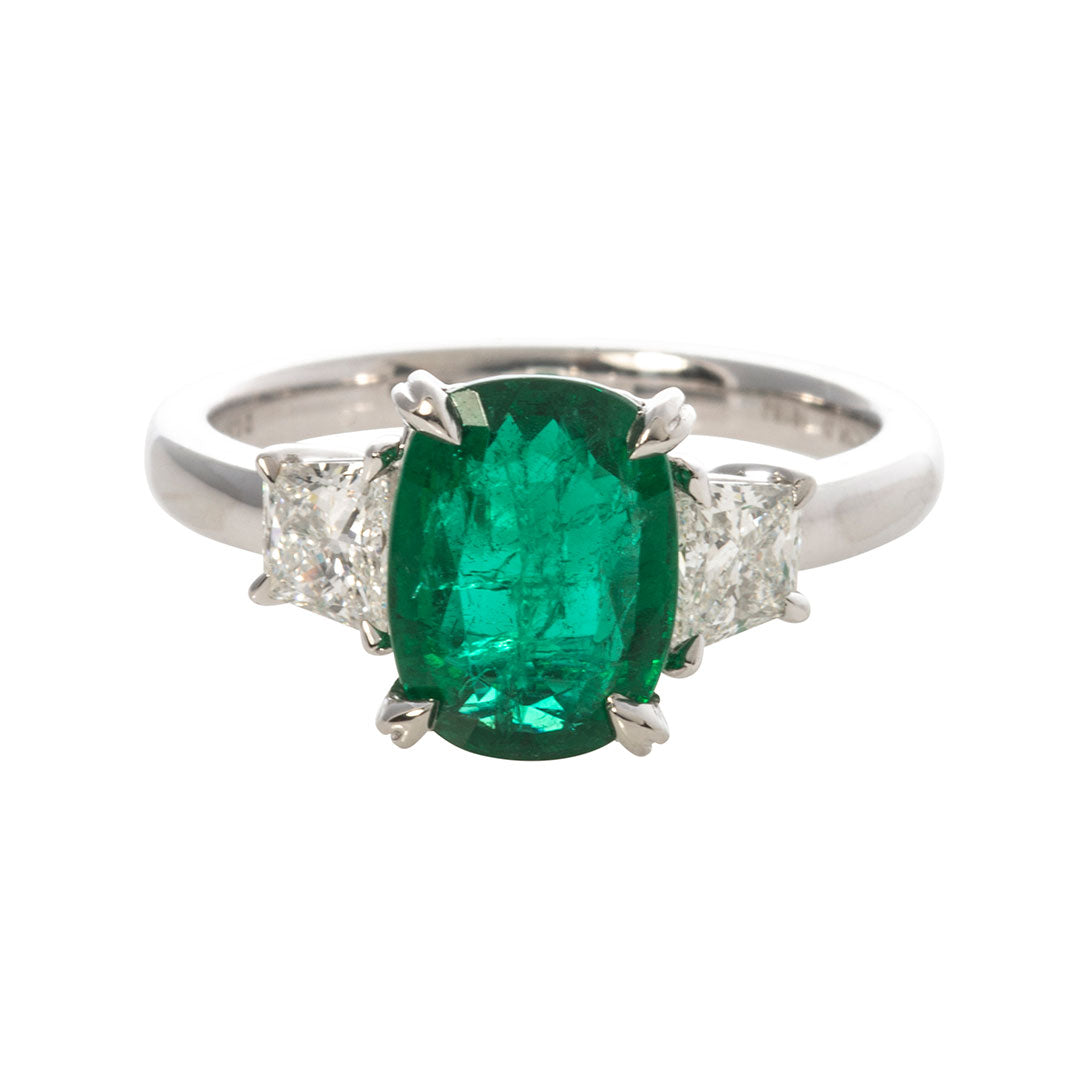 2ct Cushion Emerald & Trapezoid Diamond Platinum Ring
