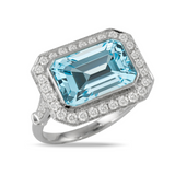 Emerald Cut Blue Topaz & Diamond 18K White Gold Ring