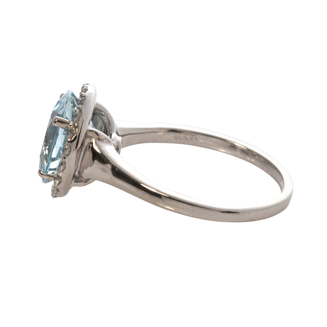 Round Aquamarine & Diamond Halo 14K White Gold Ring