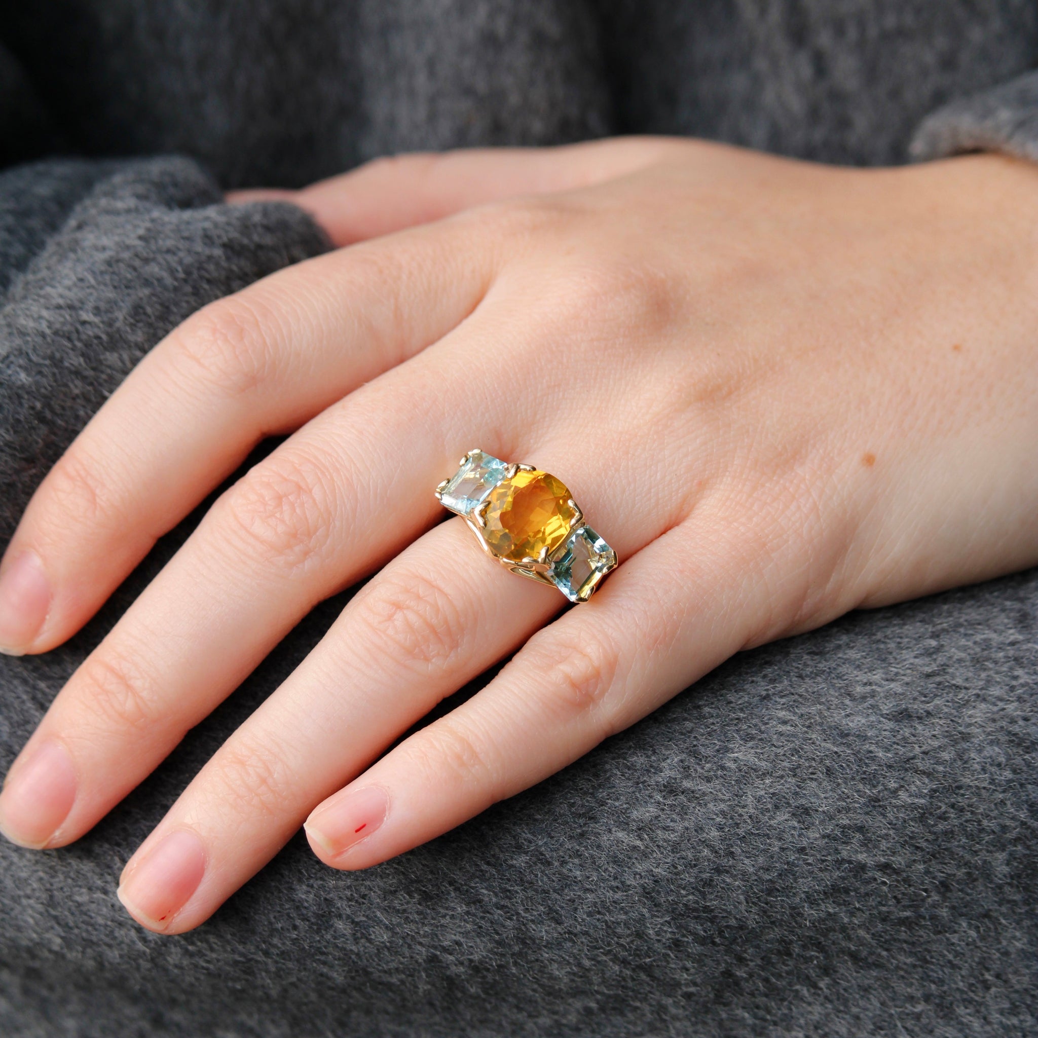 Citrine Aquamarine 14K Gold River Ring1