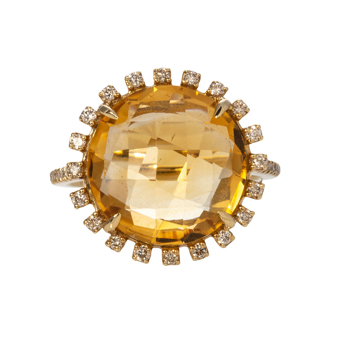Citrine & Diamond Halo 18K Yellow Gold Ring