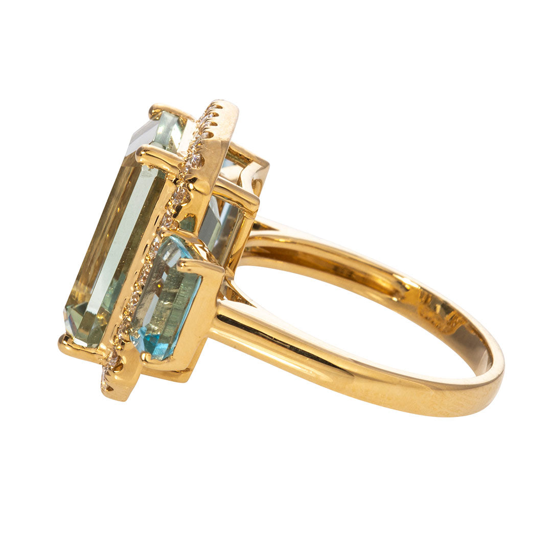 Green Amethyst, Blue Topaz, & Diamond 18K Yellow Gold Ring