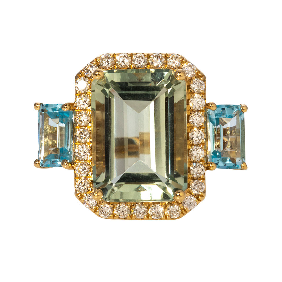 Green Amethyst, Blue Topaz, & Diamond 18K Yellow Gold Ring