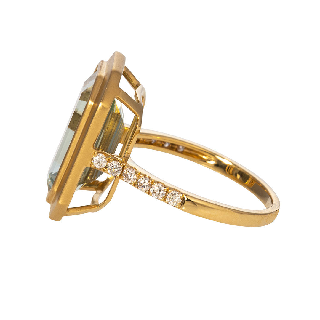 Emerald Cut Green Amethyst & Pavé Diamond 18K Gold Ring