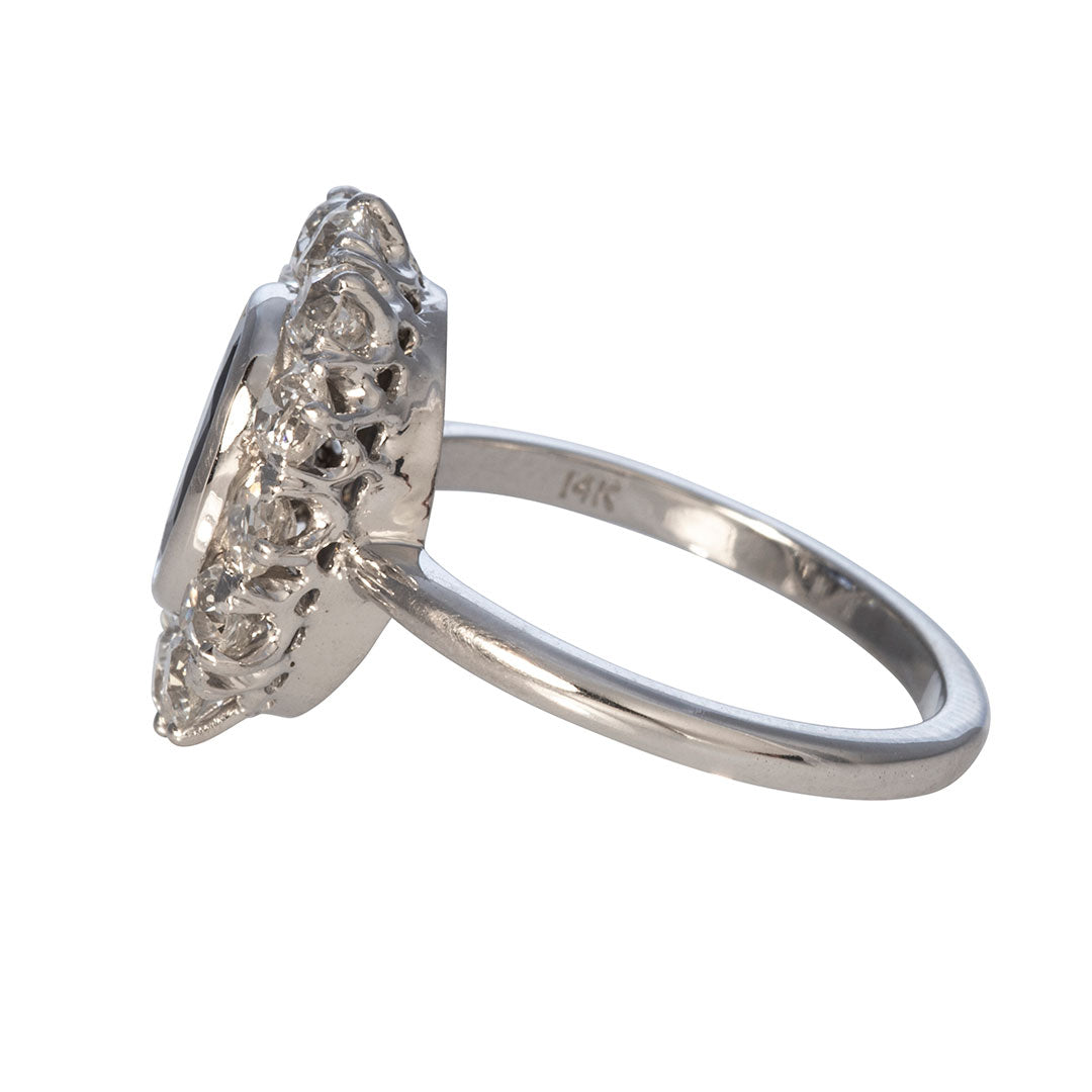 Estate Oval Sapphire & Diamond Cluster White Gold Ring