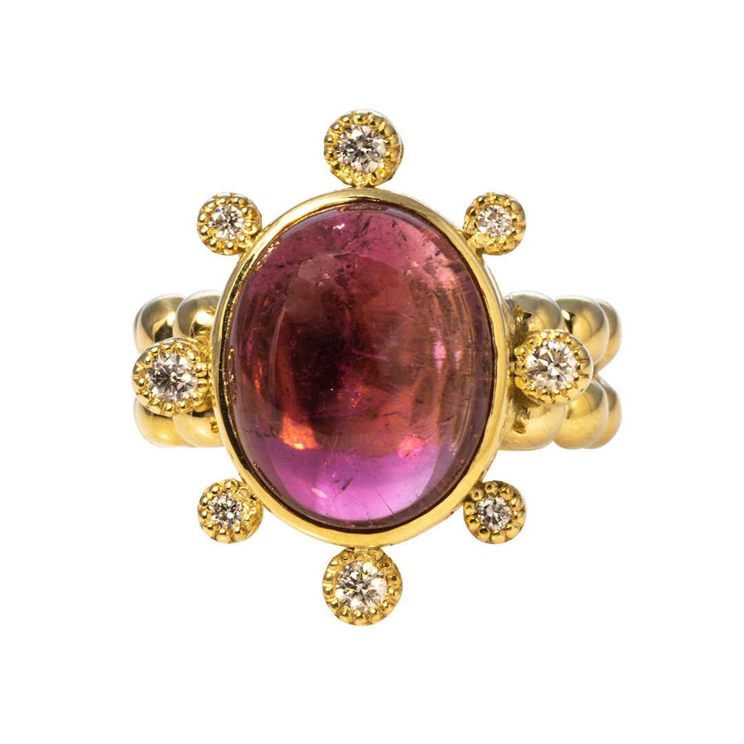 Cabochon Pink Tourmaline & Diamond 14K Yellow Gold Ring