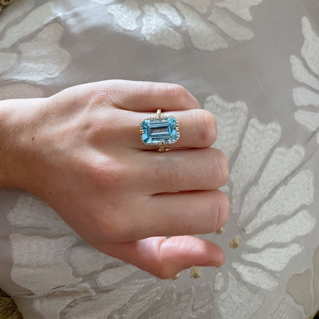 Goshwara Emerald Cut Blue Topaz & Diamond 18K Gold Ring