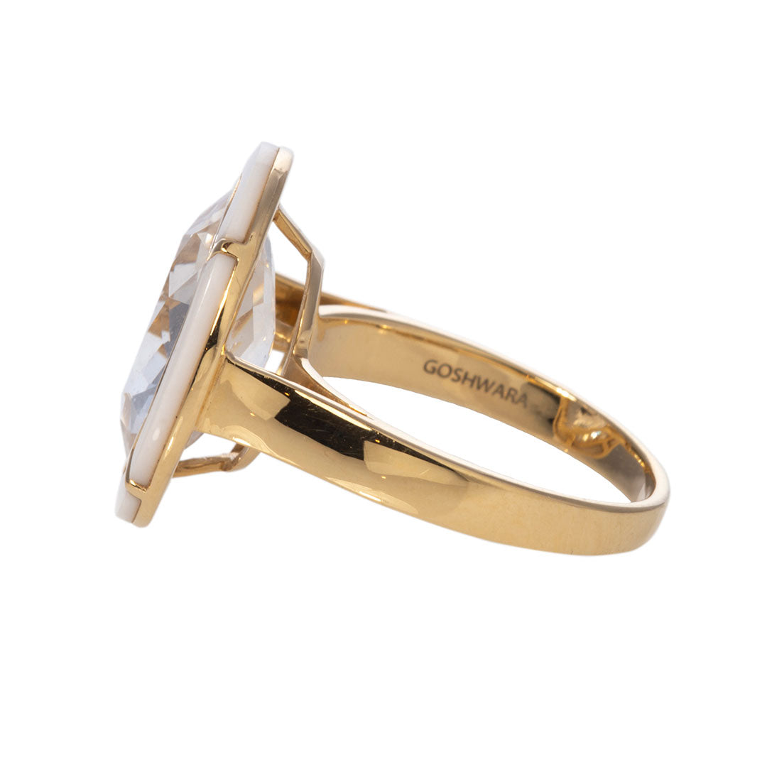 Goshwara Oval Rock Crystal & White Agate Inlay 18K Gold Ring